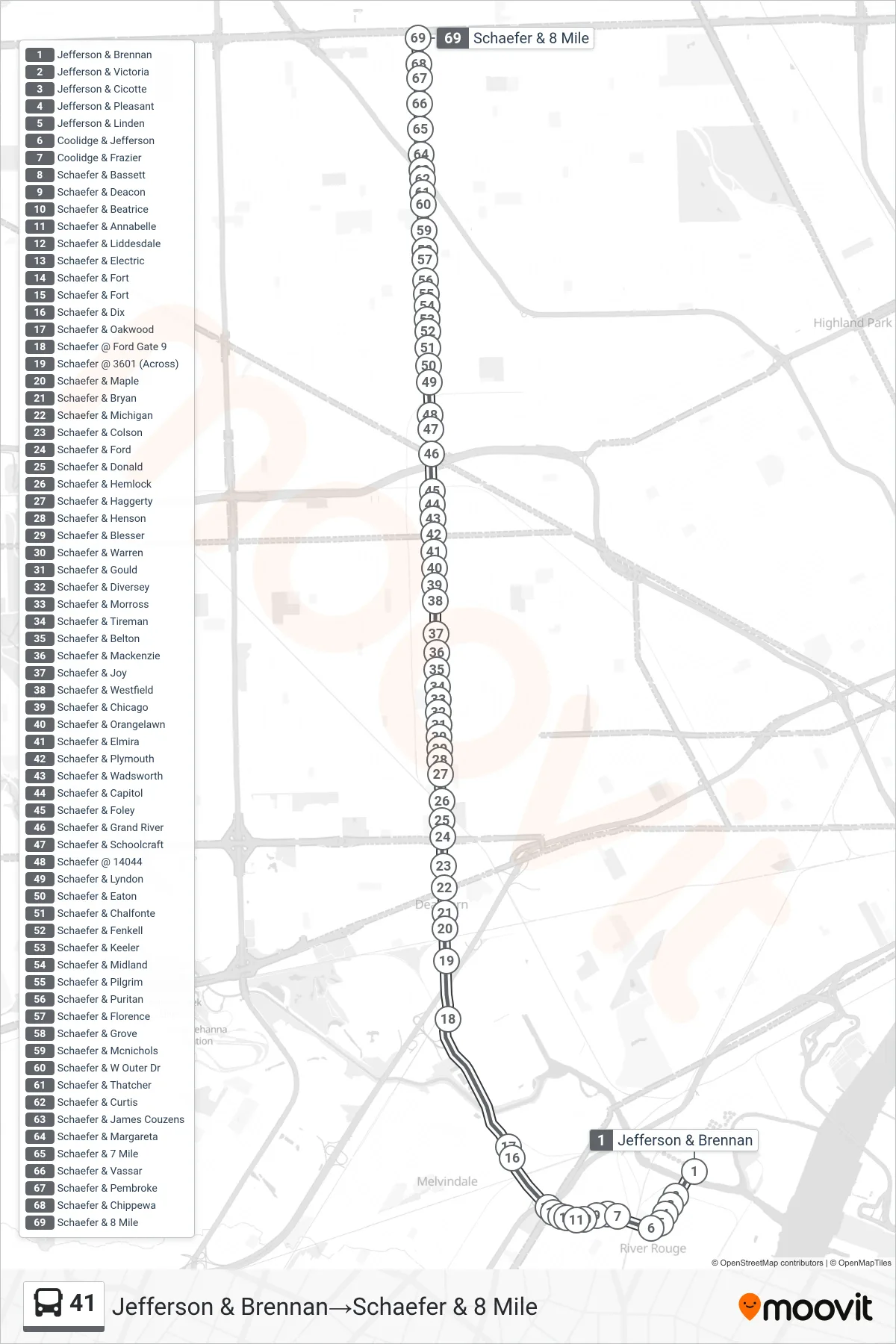 41 bus Line (Jefferson & Brennan‎→Schaefer & 8 Mile) route and stops on a map