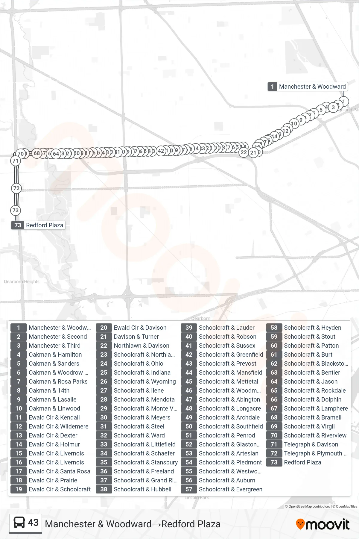 43 bus Line (Manchester & Woodward‎→Redford Plaza) route and stops on a map