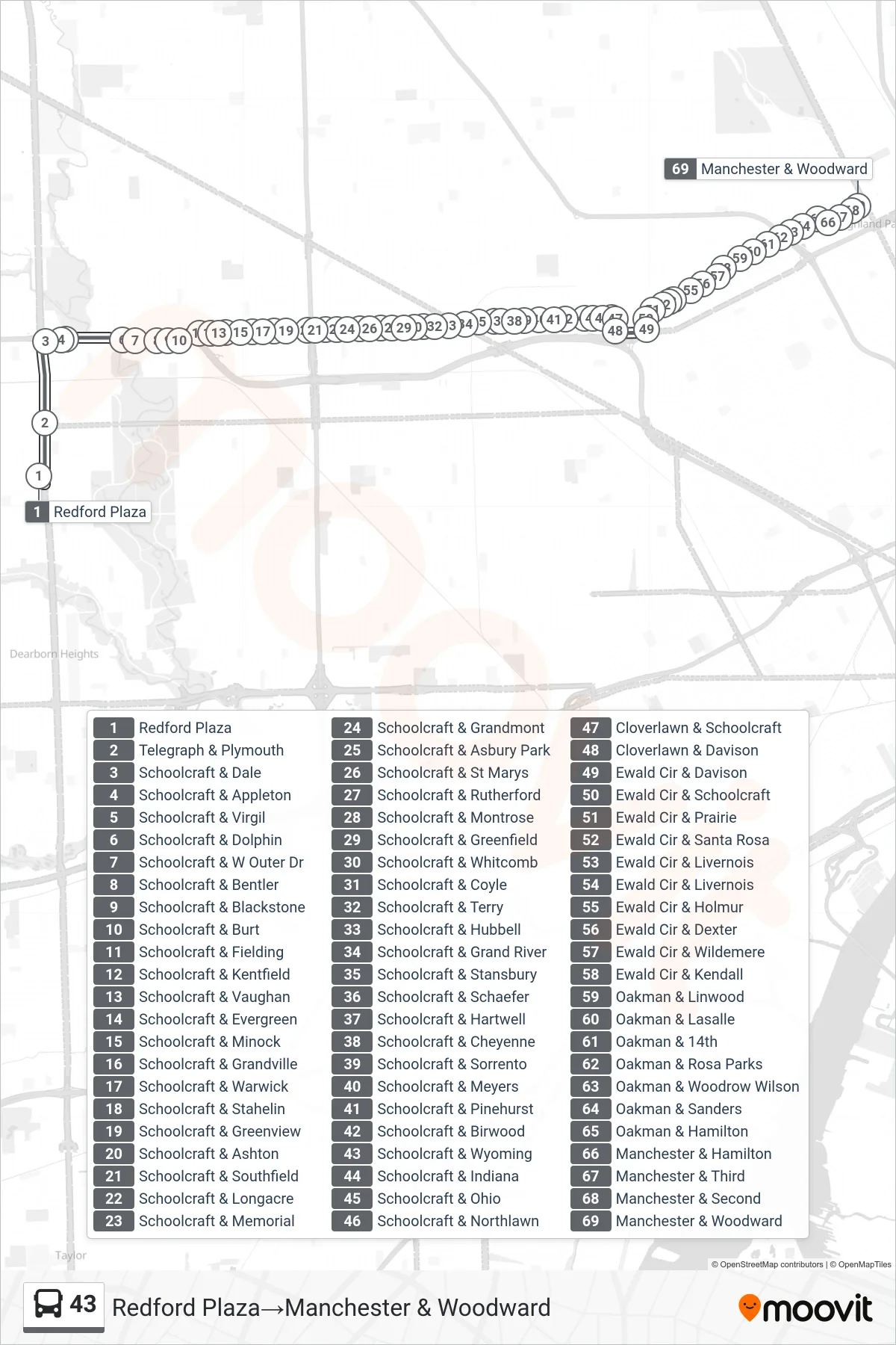 43 bus Line (Redford Plaza→Manchester & Woodward) route and stops on a map