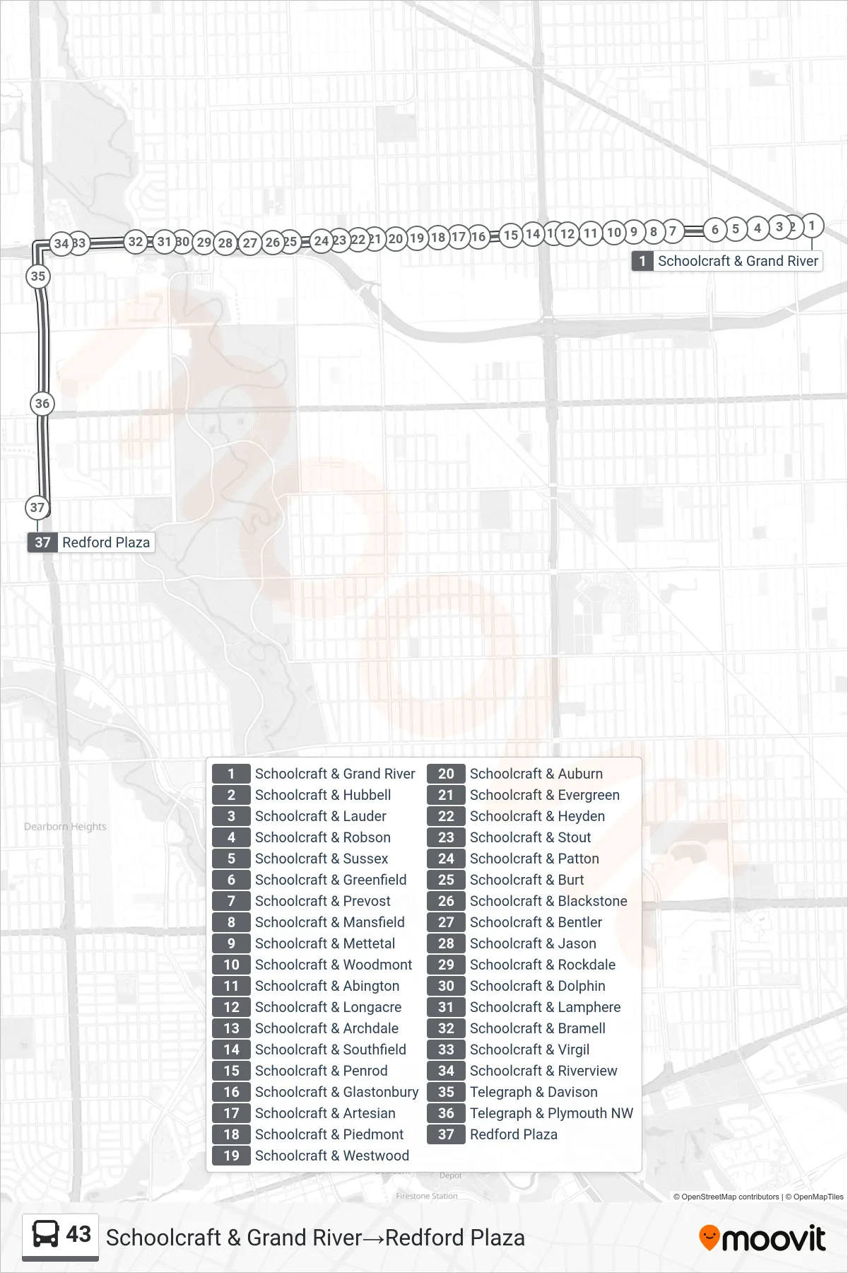 43 bus Line (Schoolcraft & Grand River‎→Redford Plaza) route and stops on a map