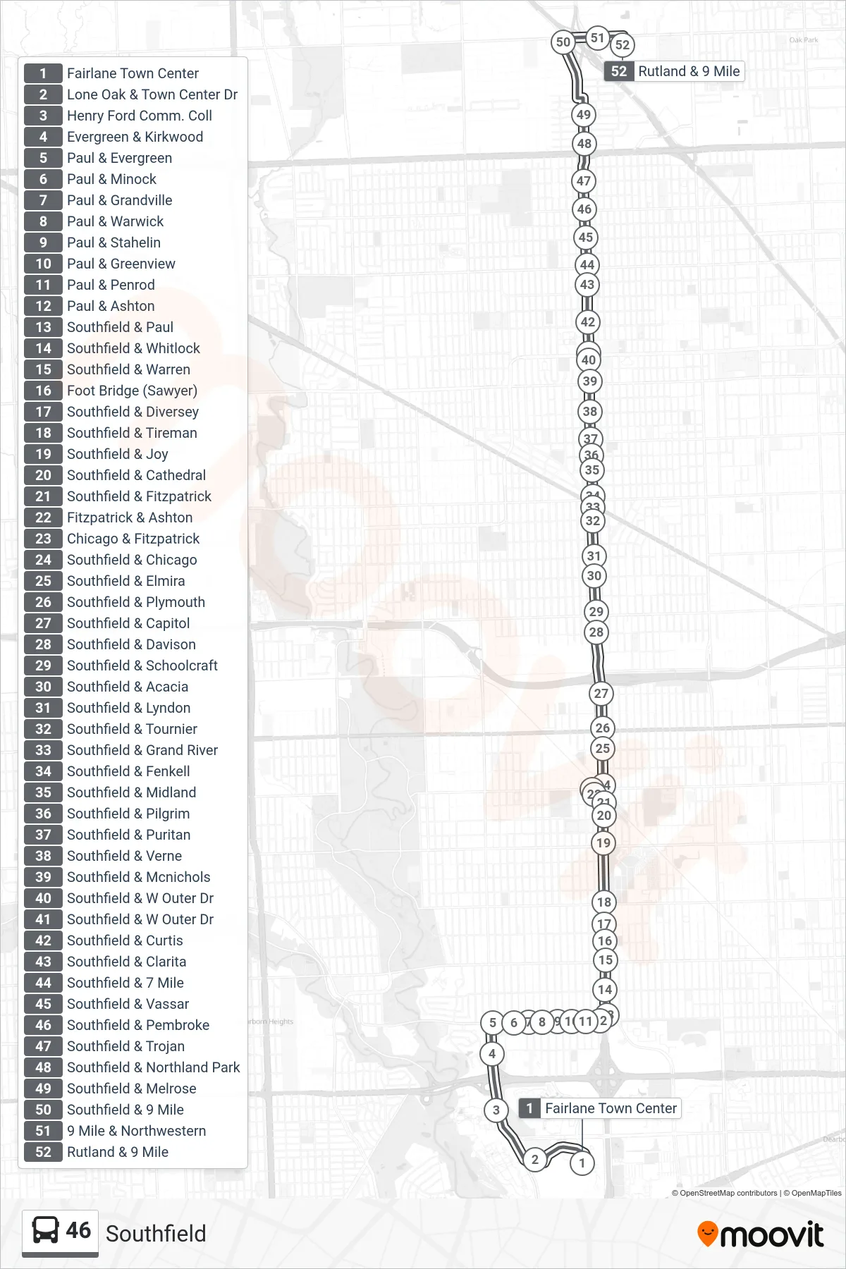 46 bus Line (Fairlane Town Center→Rutland & 9 Mile) route and stops on a map