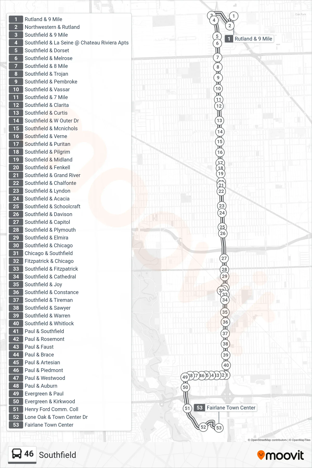 46 bus Line (Rutland & 9 Mile‎→Fairlane Town Center) route and stops on a map