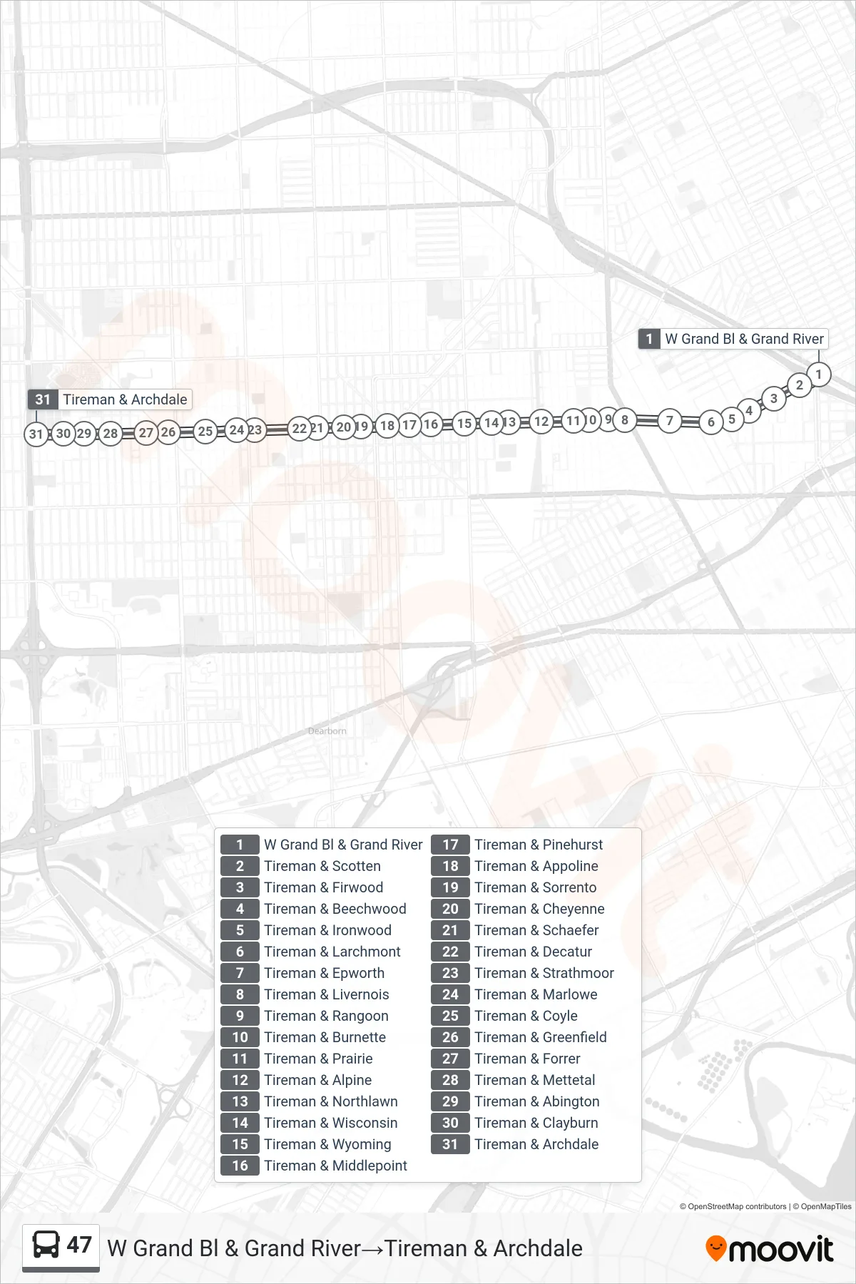 47 bus Line (W Grand Bl & Grand River→Tireman & Archdale) route and stops on a map