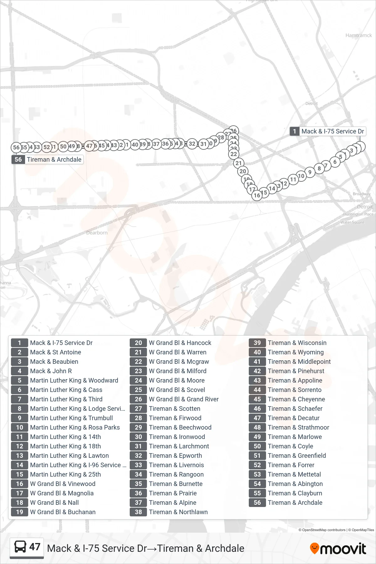 47 bus Line (Mack & I-75 Service Dr‎→Tireman & Archdale) route and stops on a map