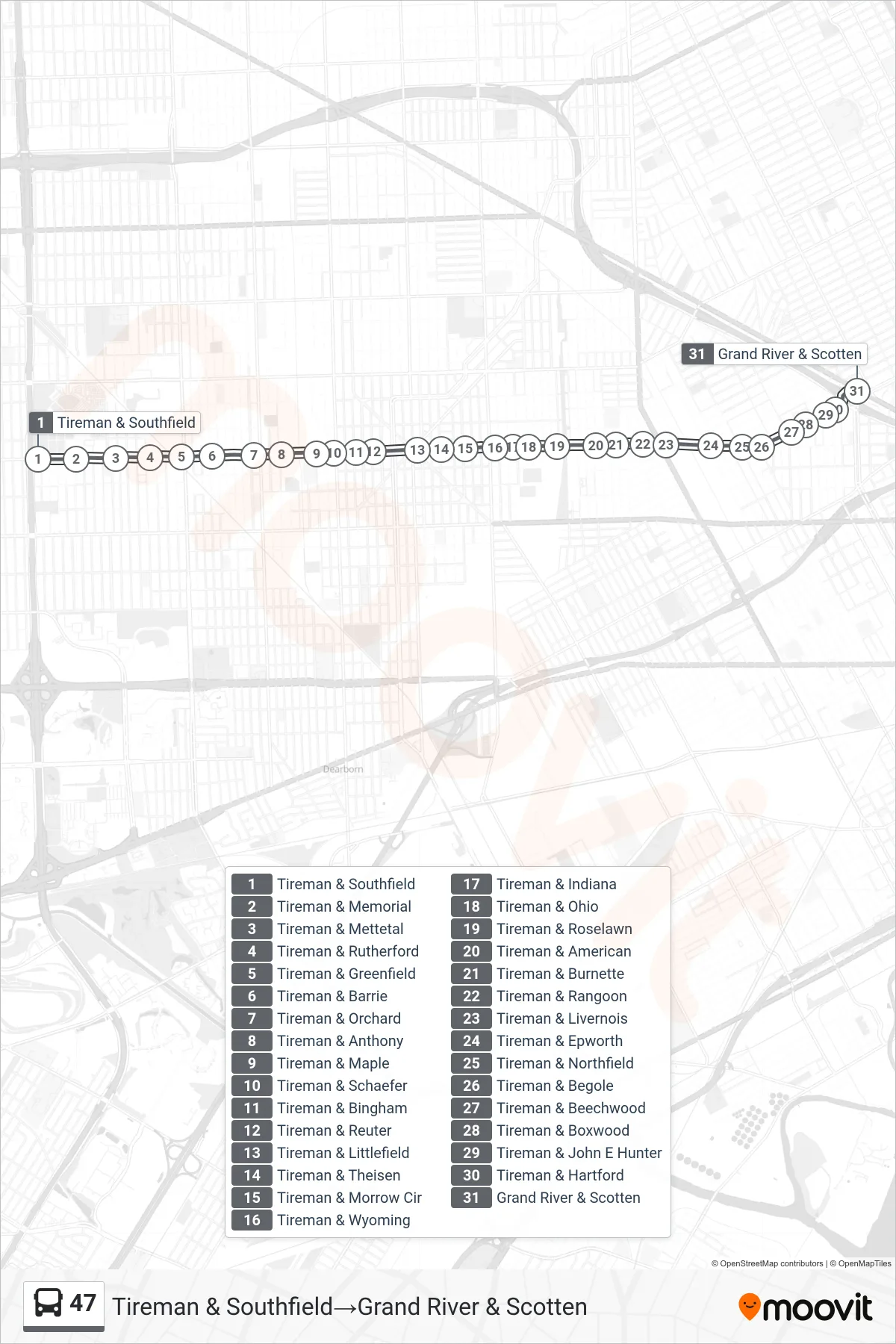 47 bus Line (Tireman & Southfield→Grand River & Scotten) route and stops on a map