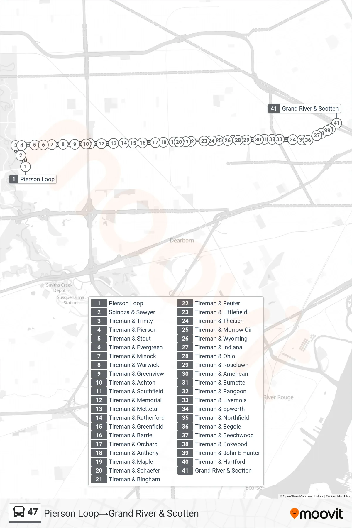 47 bus Line (Pierson Loop→Grand River & Scotten) route and stops on a map