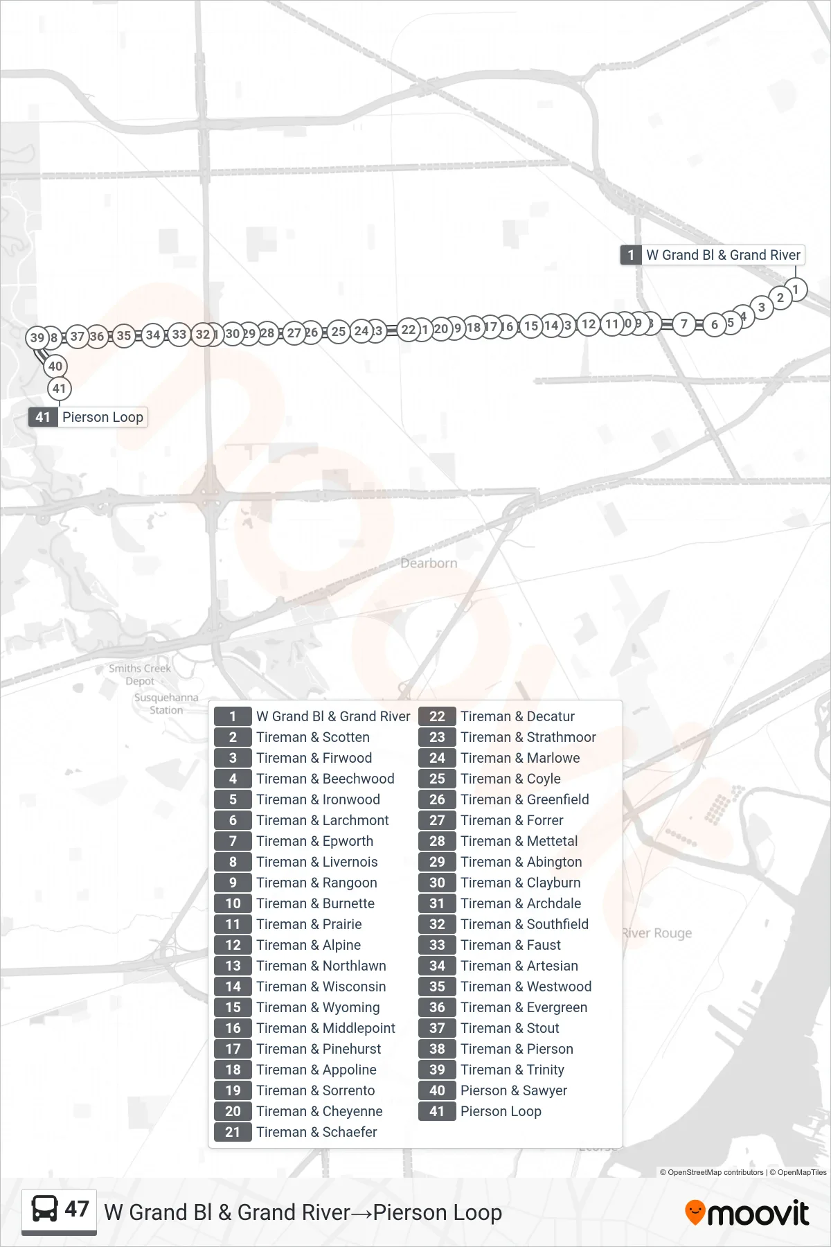 47 bus Line (W Grand Bl & Grand River‎→Pierson Loop) route and stops on a map