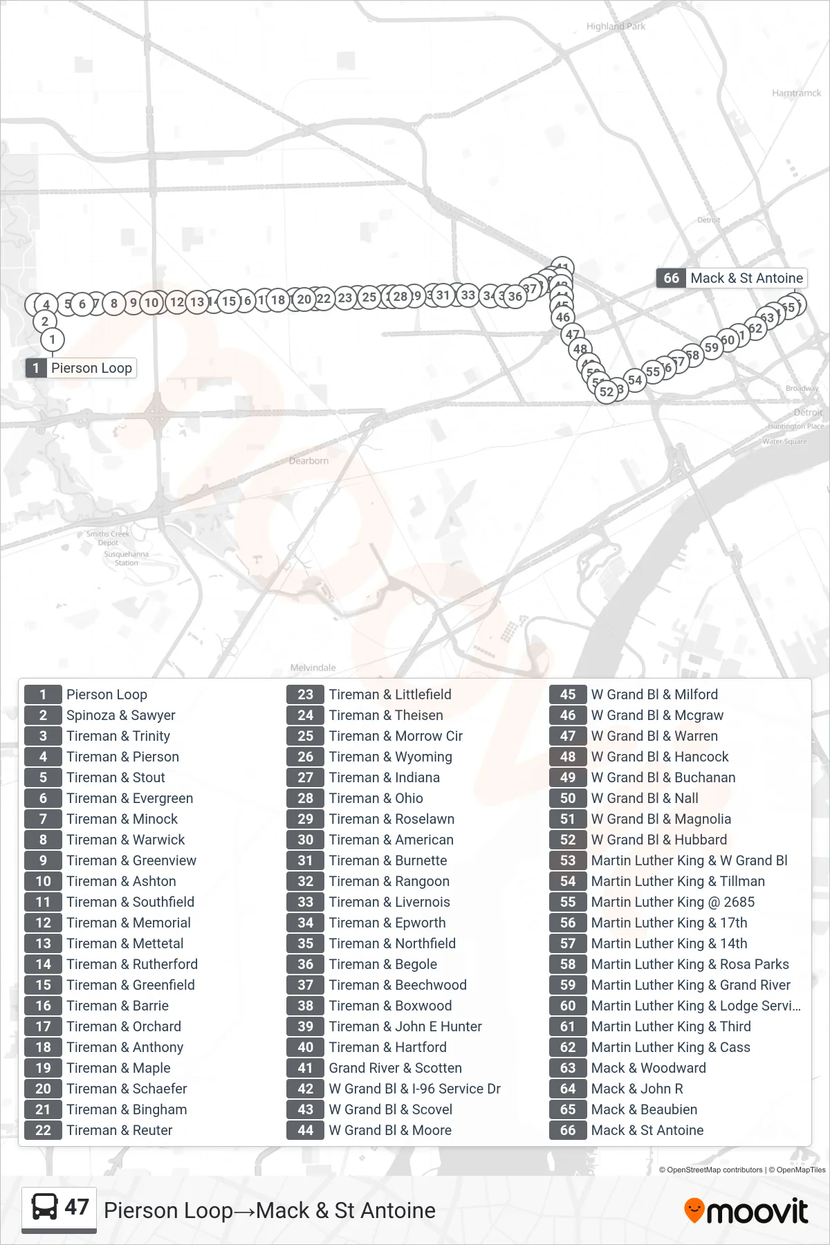 47 bus Line (Pierson Loop→Mack & St Antoine) route and stops on a map
