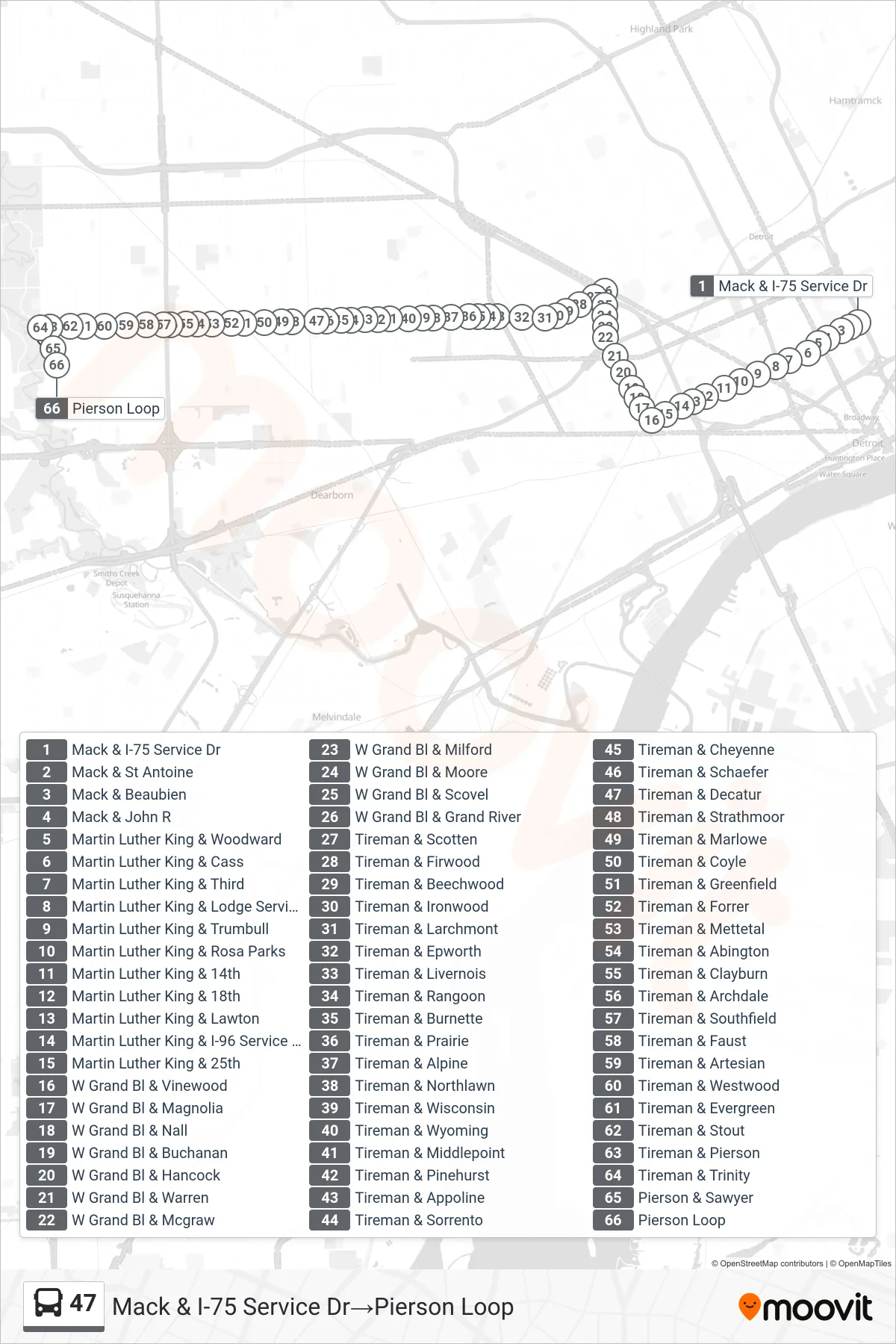 47 bus Line (Mack & I-75 Service Dr‎→Pierson Loop) route and stops on a map