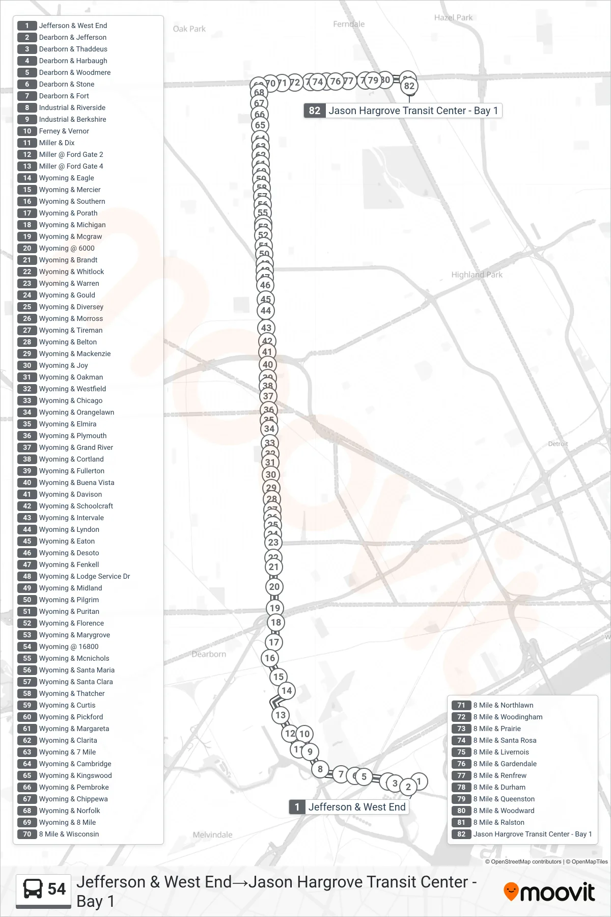 54 bus Line (Jefferson & West End→Jason Hargrove Transit Center - Bay 1) route and stops on a map