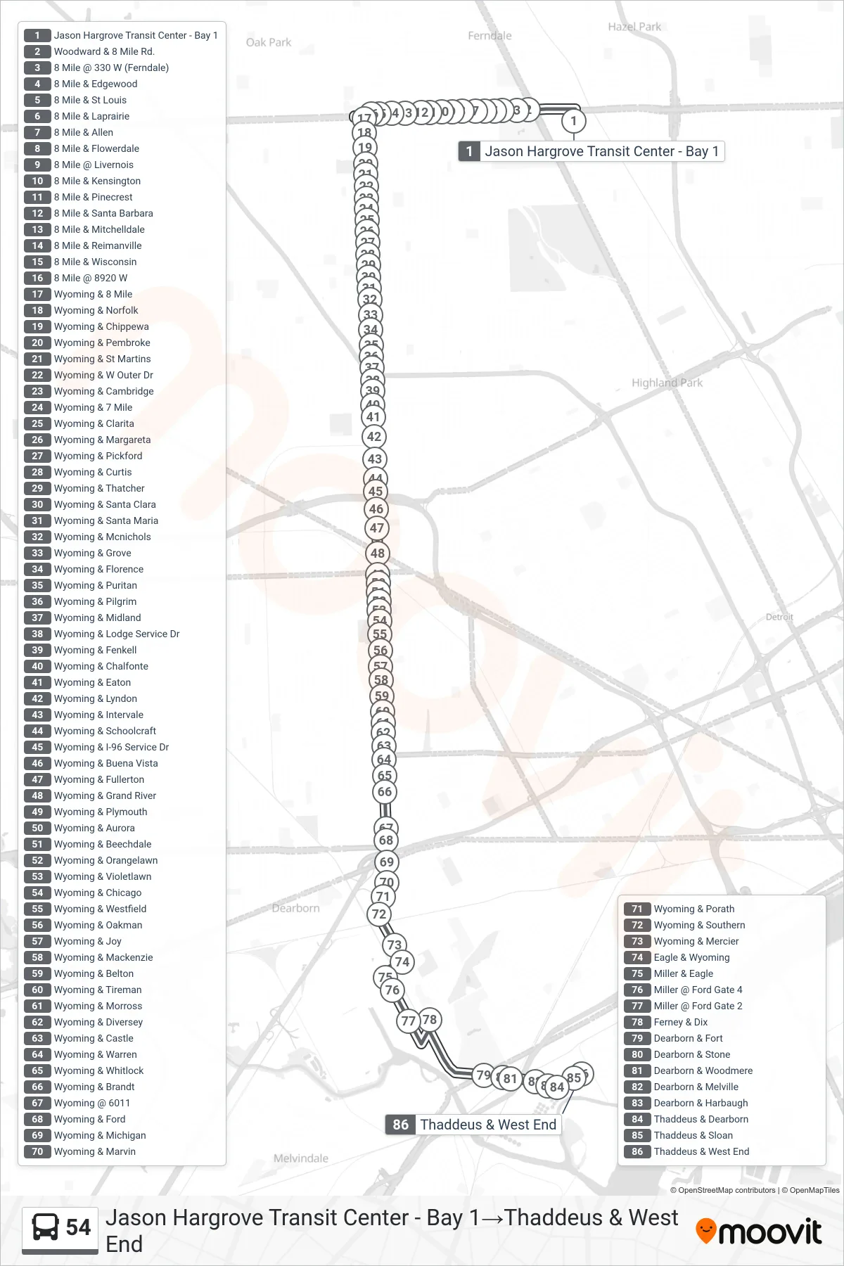 54 bus Line (Jason Hargrove Transit Center - Bay 1‎→Thaddeus & West End) route and stops on a map