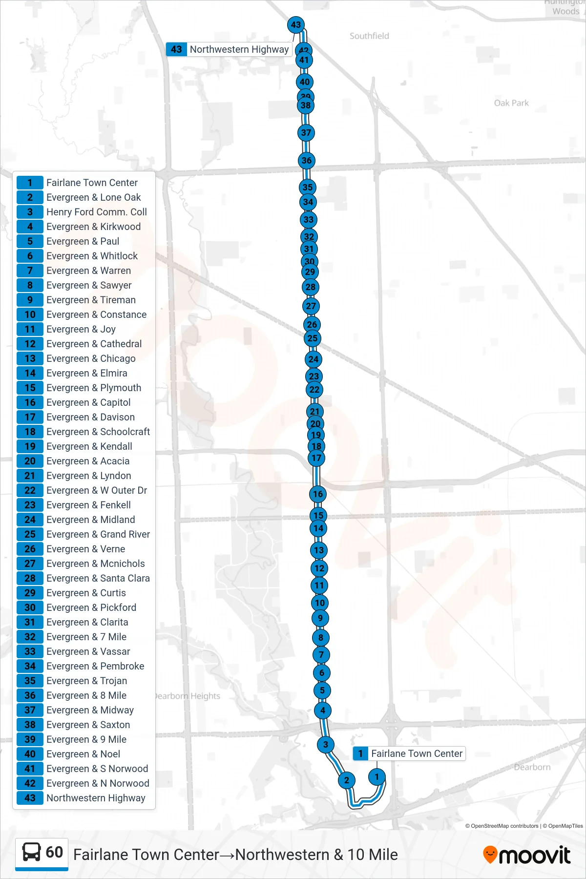 60 bus Line (Fairlane Town Center→Northwestern & 10 Mile) route and stops on a map