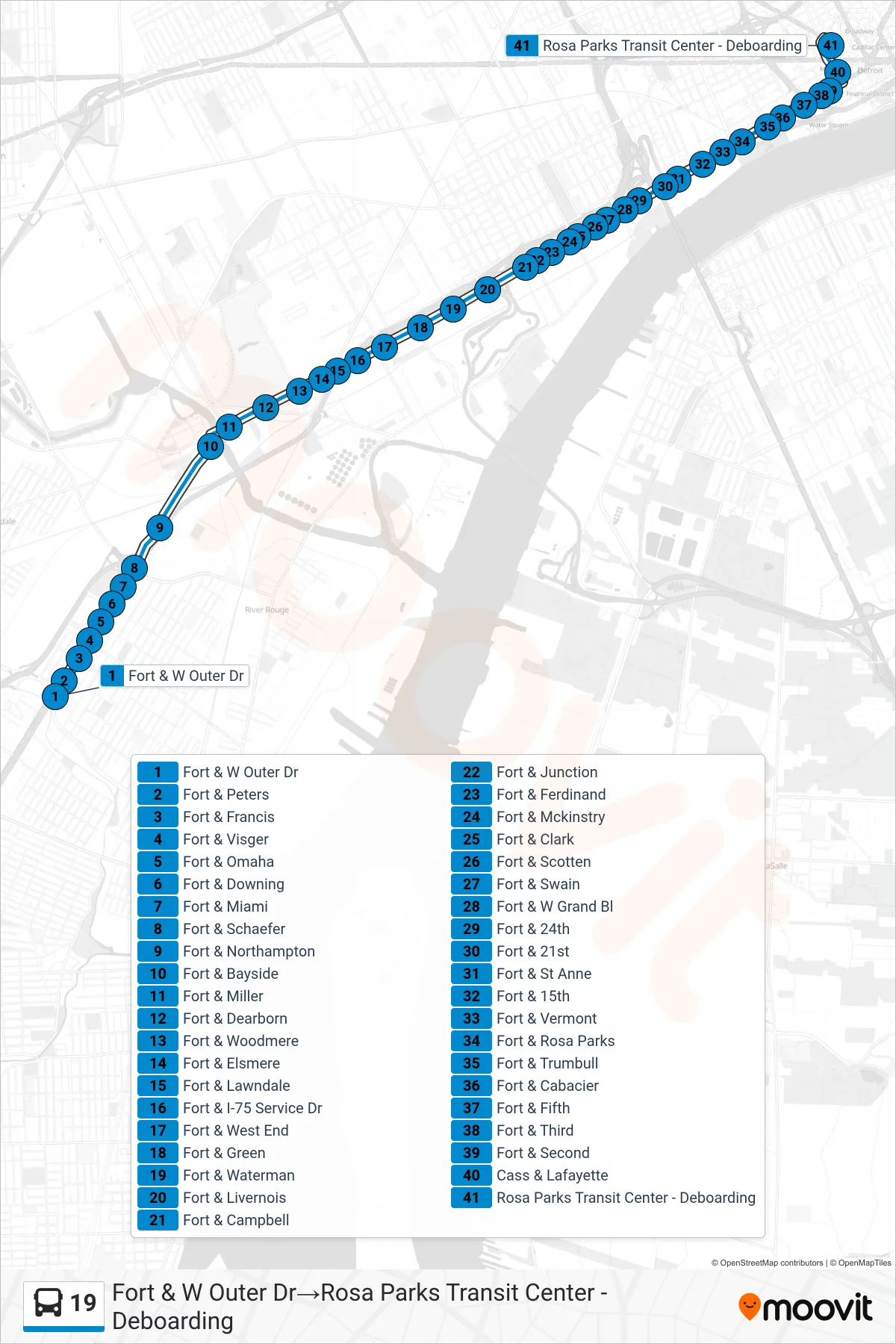 19 bus Line (Fort & W Outer Dr→Rosa Parks Transit Center - Deboarding) route and stops on a map