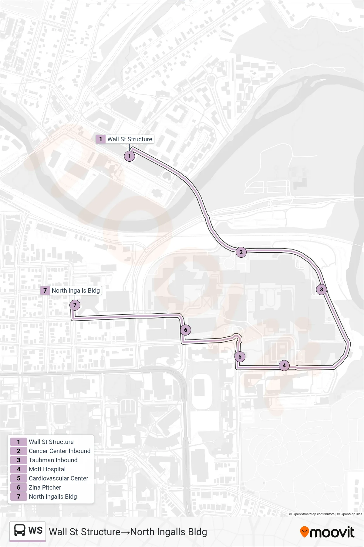WS bus Line (Wall St Structure→North Ingalls Bldg) route and stops on a map