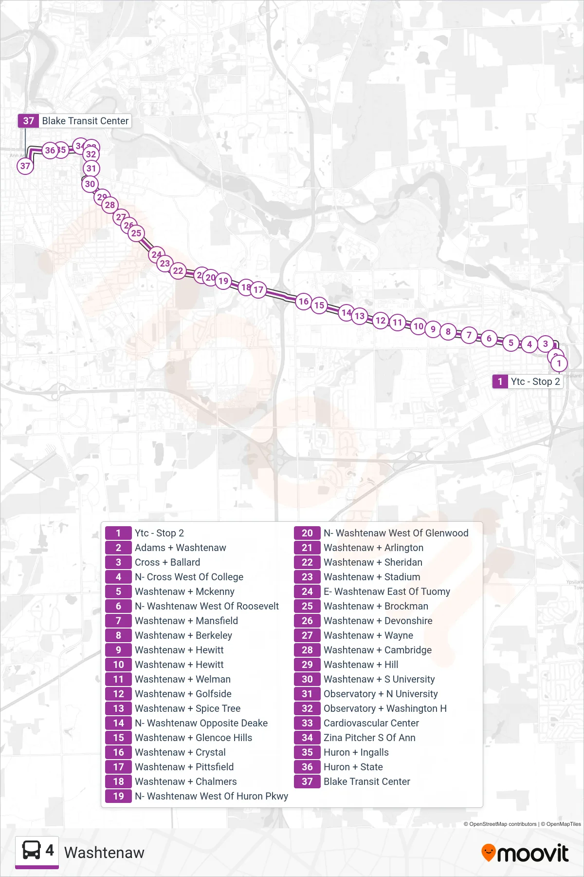 4 bus Line (Blake Transit Center) route and stops on a map