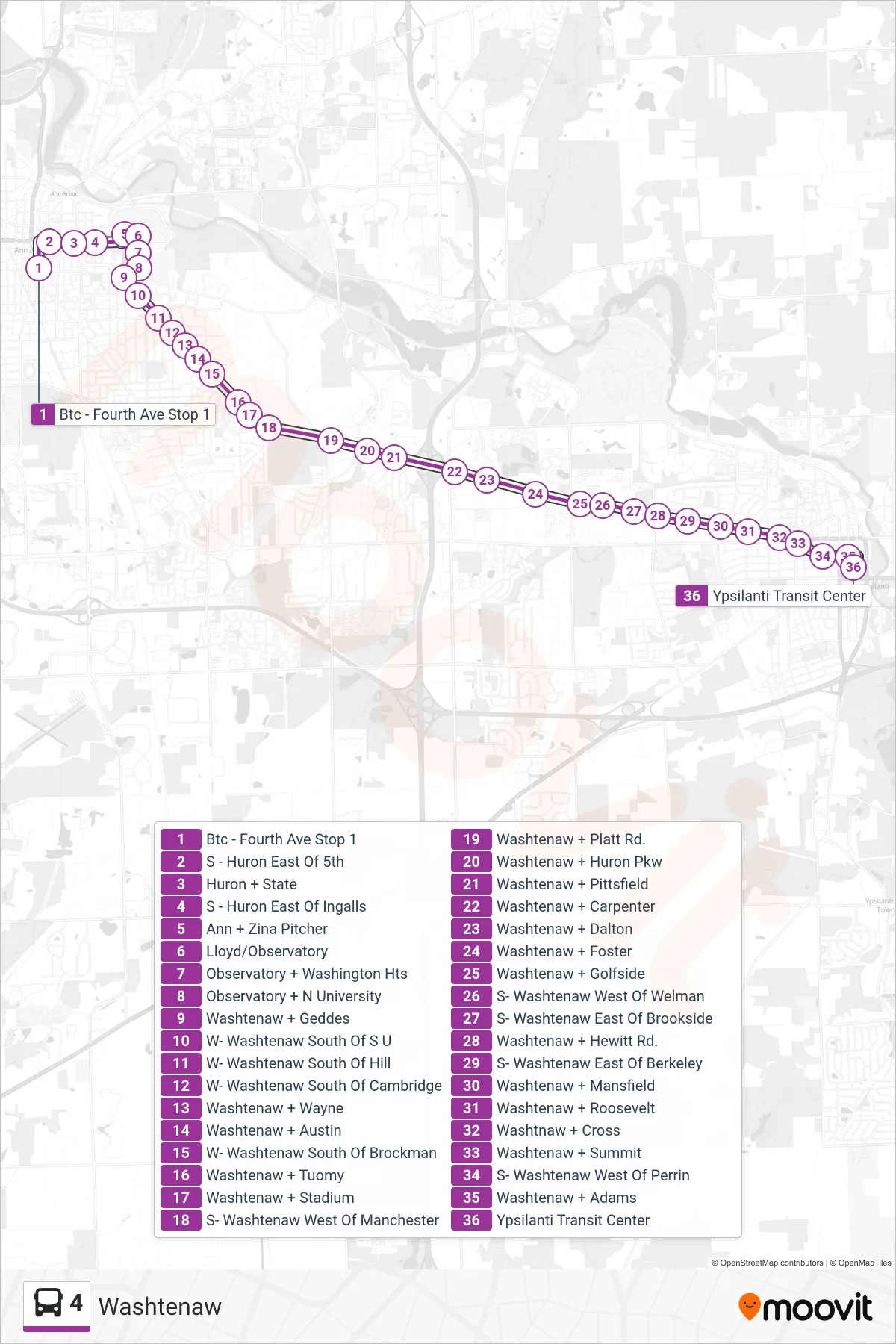 4 bus Line (Ytc - Endpt) route and stops on a map