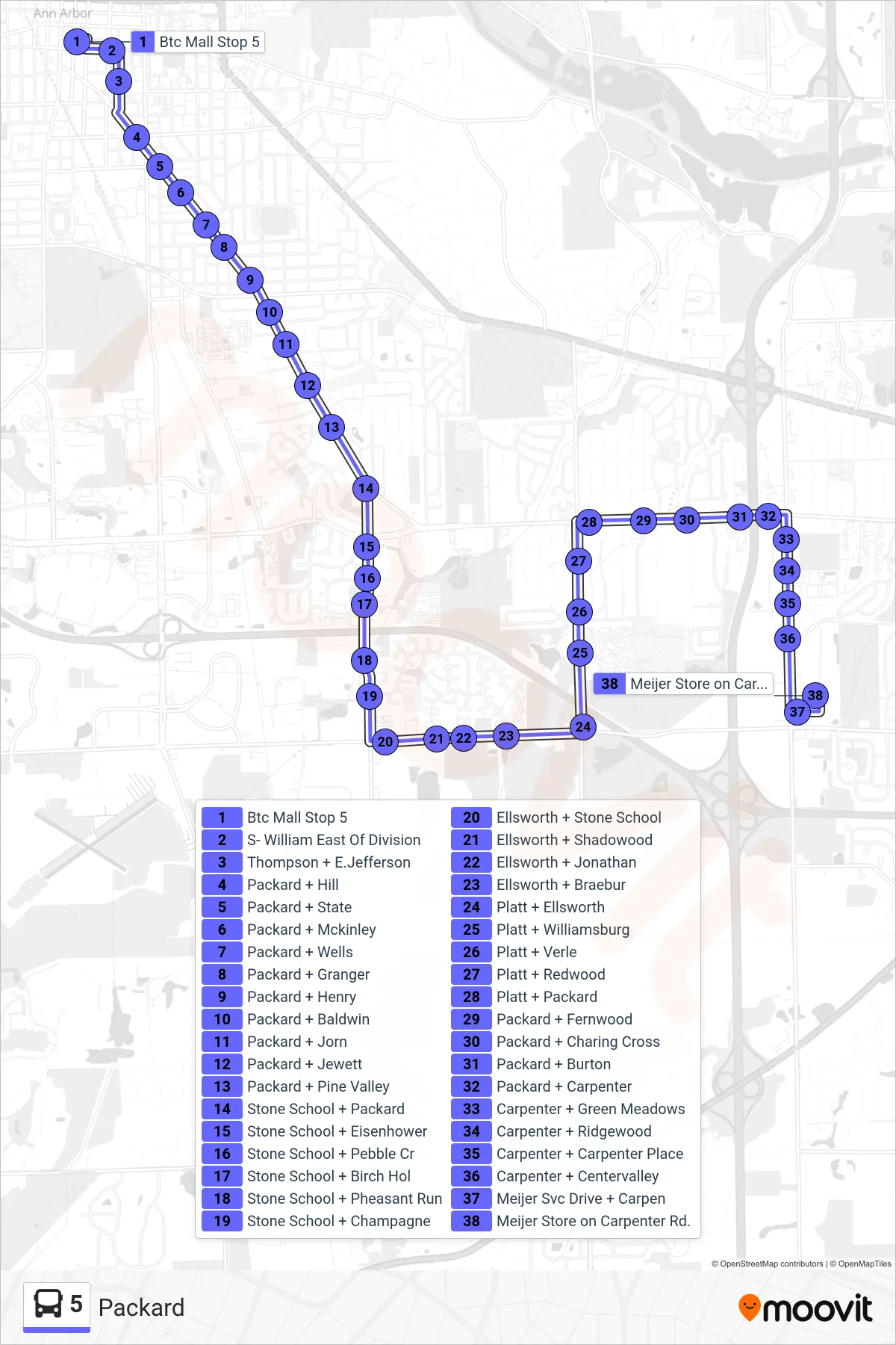 5 bus Line (Meijer Store on Carpenter Rd.) route and stops on a map