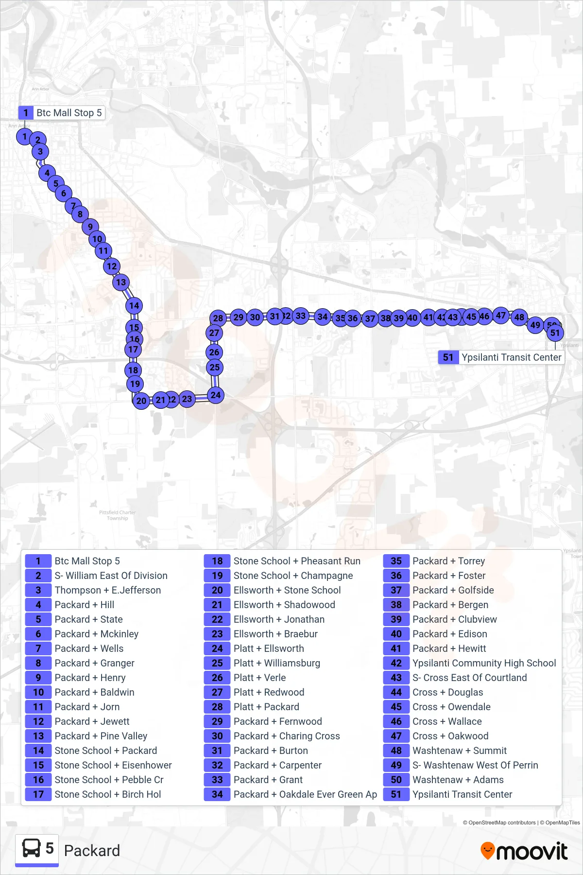 5 bus Line (Ytc - Endpt) route and stops on a map