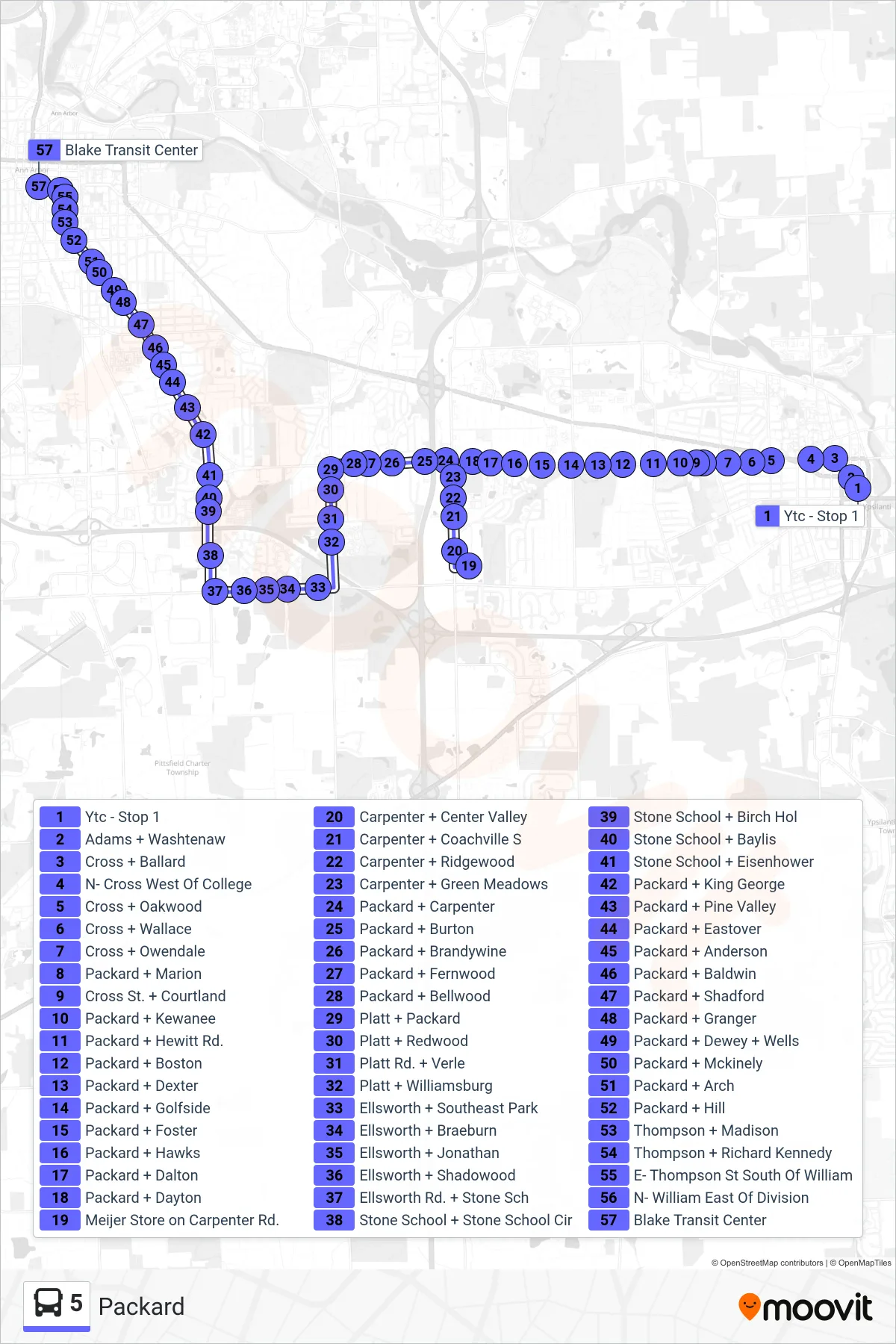 5 bus Line (Blake Transit Center) route and stops on a map