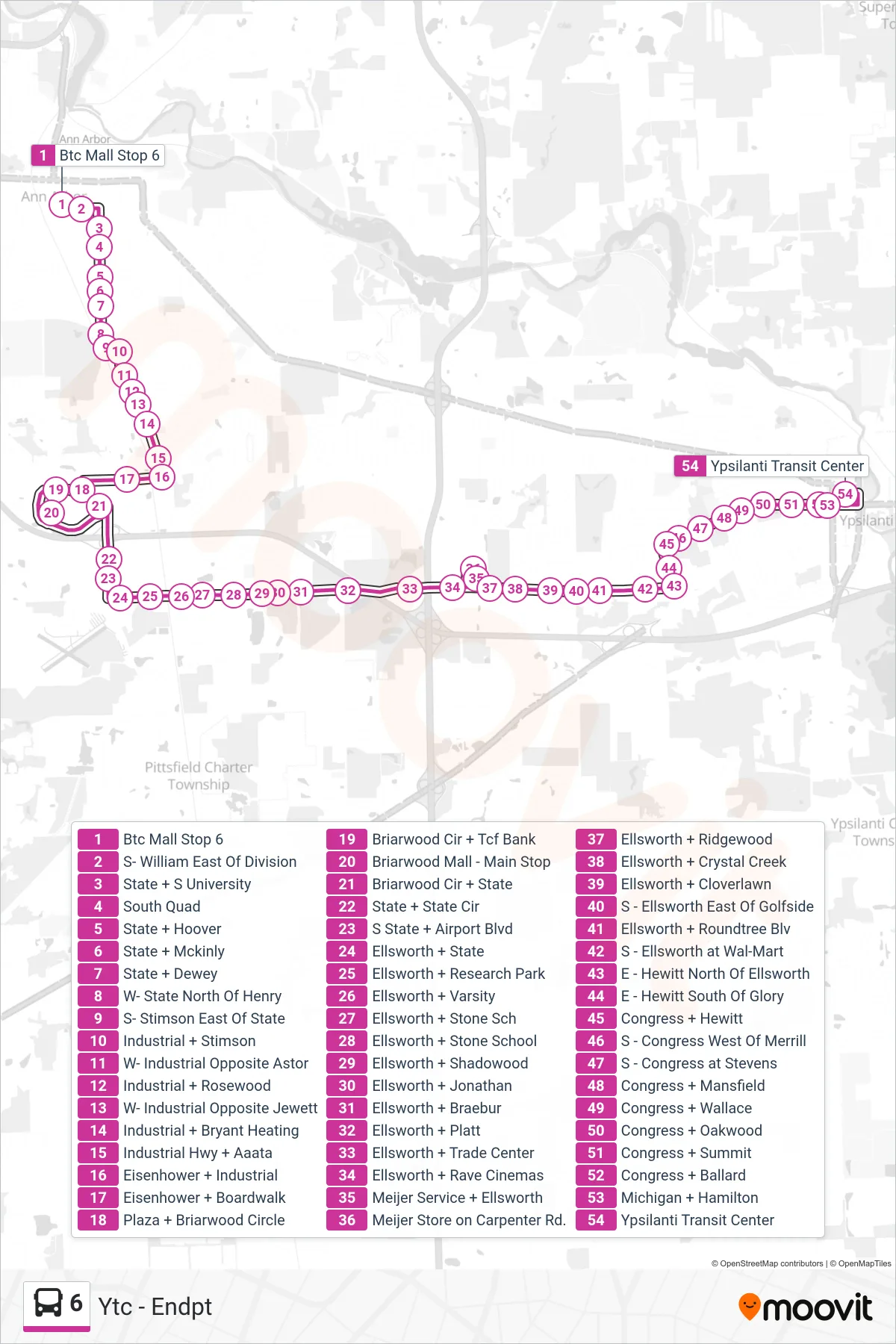 6 bus Line (Ytc - Endpt) route and stops on a map