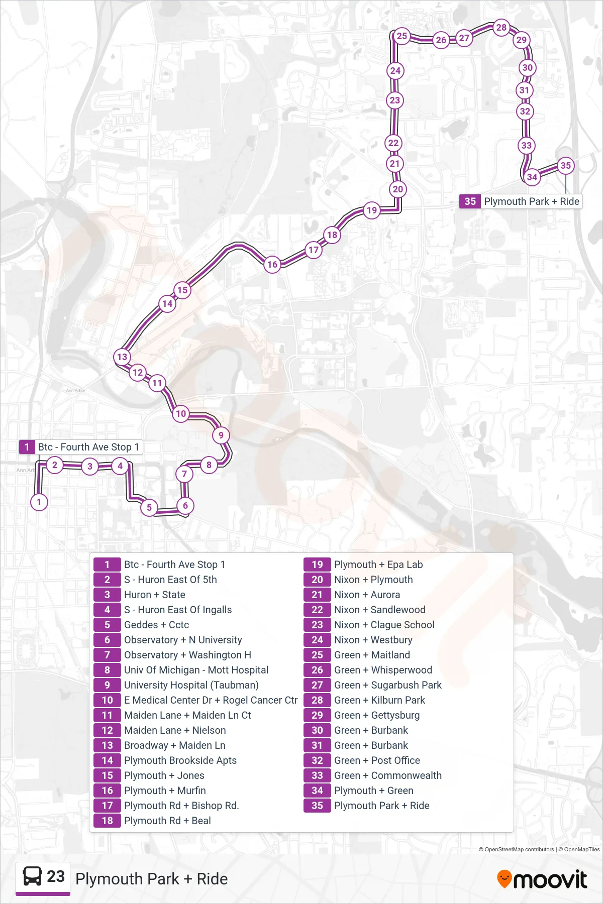 23 bus Line (Plymouth Park + Ride) route and stops on a map