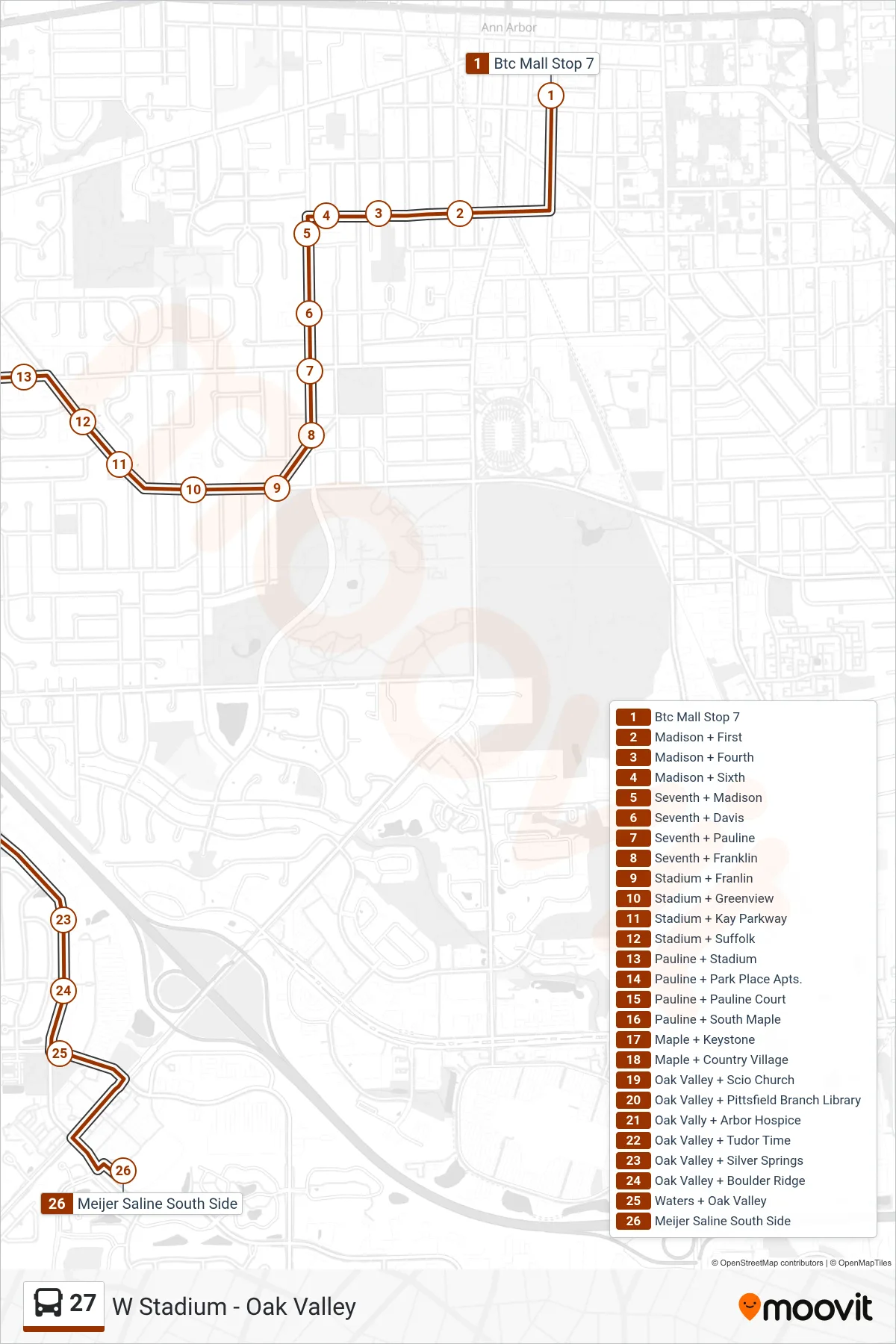 27 bus Line (Meijer Saline South Side) route and stops on a map