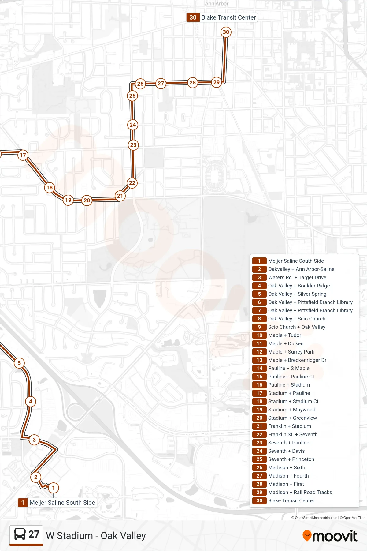 27 bus Line (Blake Transit Center) route and stops on a map
