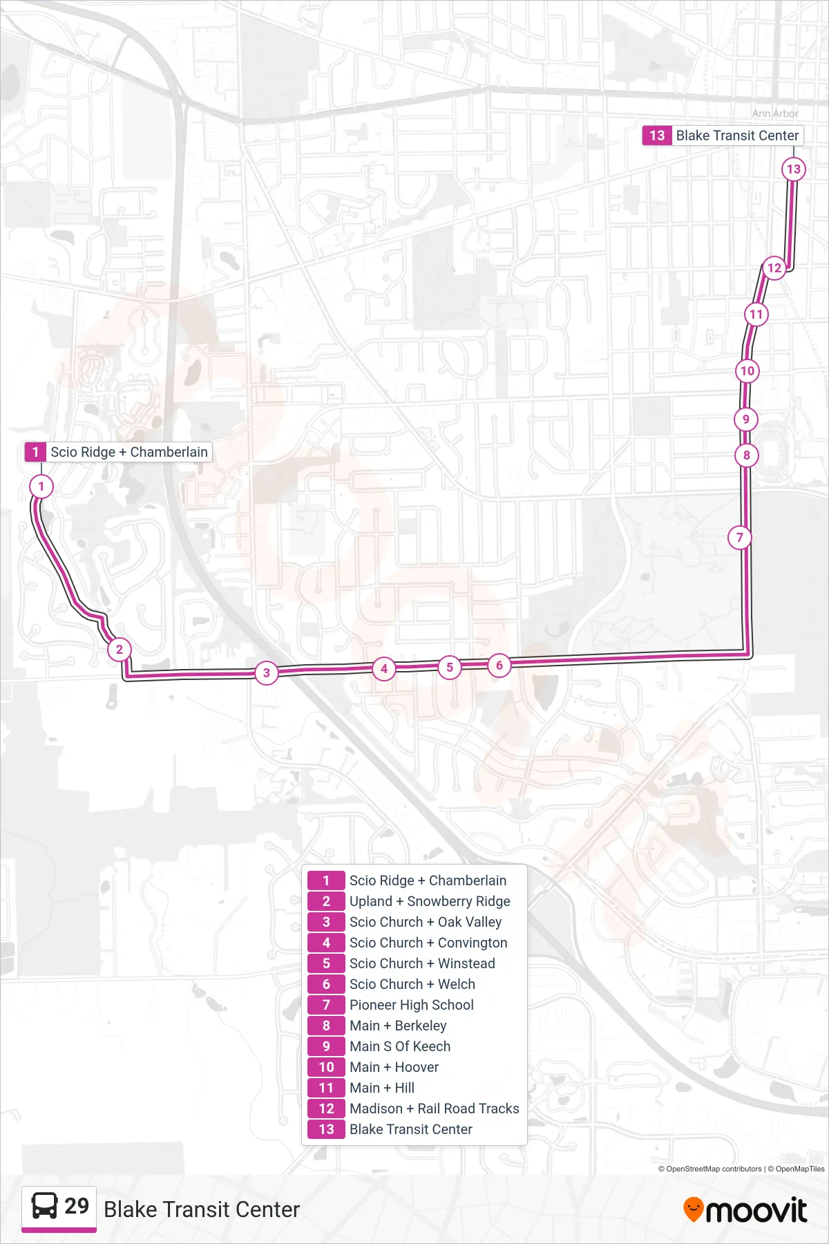 29 bus Line (Blake Transit Center) route and stops on a map