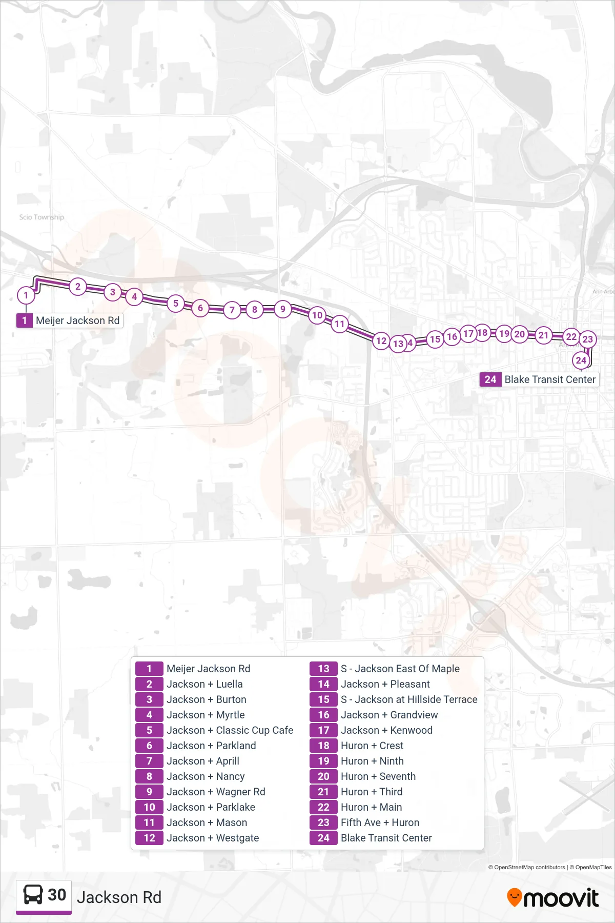 30 bus Line (Blake Transit Center) route and stops on a map