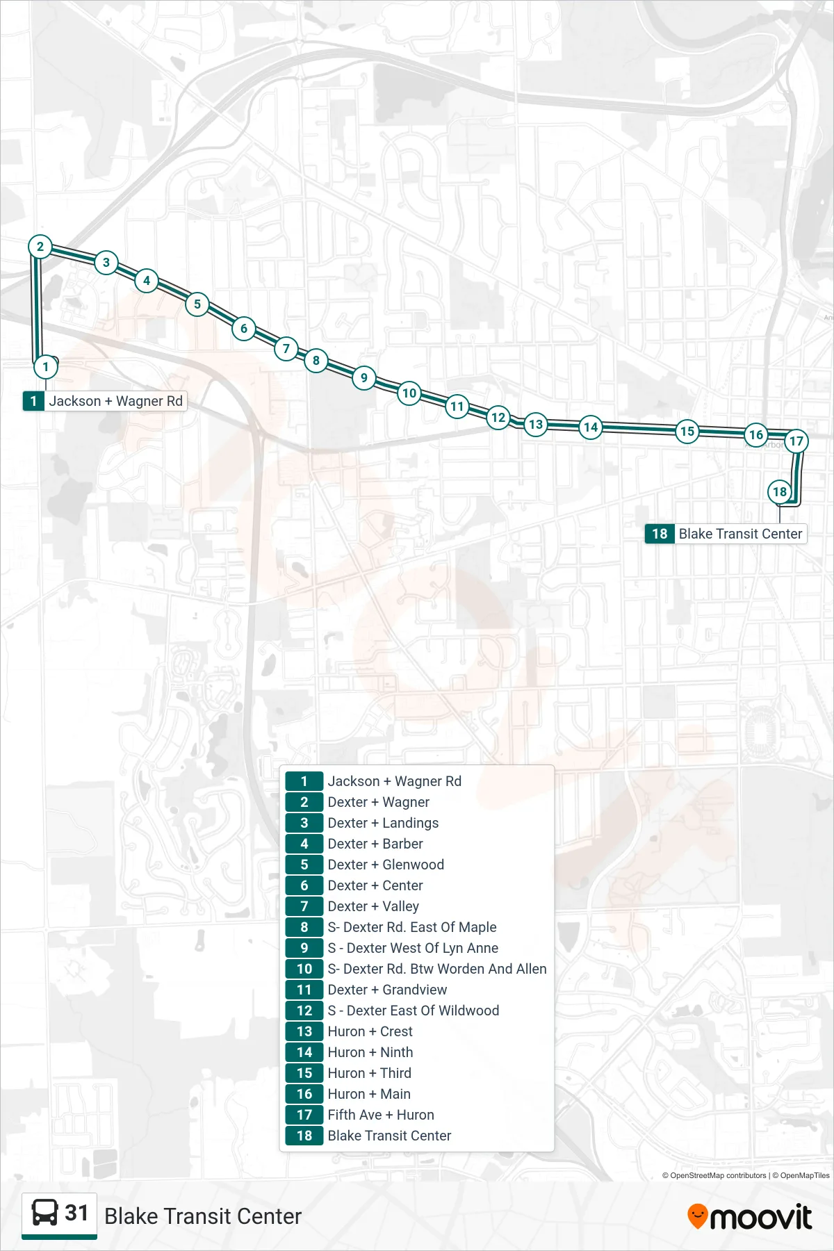 31 bus Line (Blake Transit Center) route and stops on a map