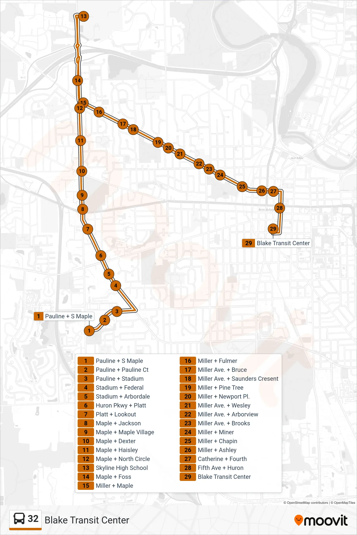 32 bus Line (Blake Transit Center) route and stops on a map
