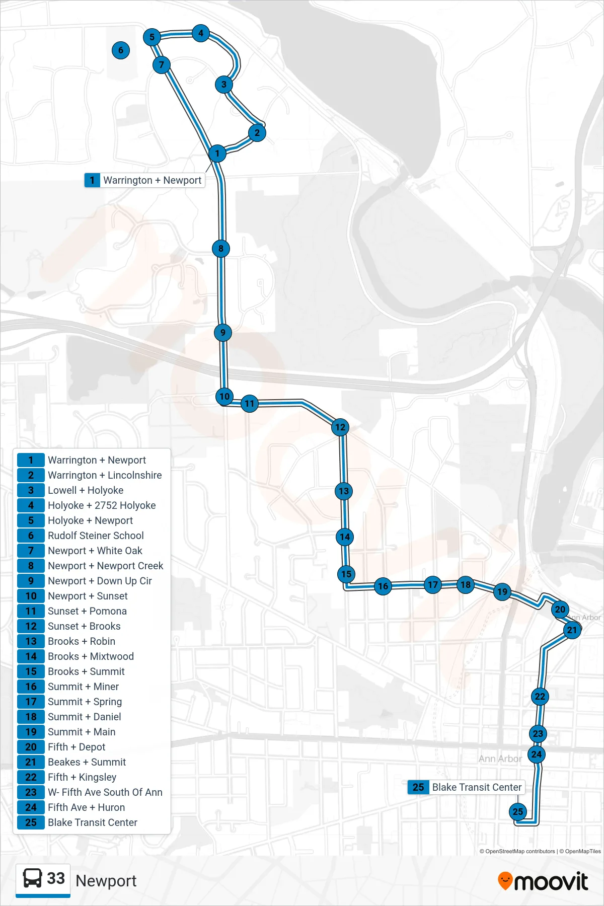 33 bus Line (Blake Transit Center) route and stops on a map