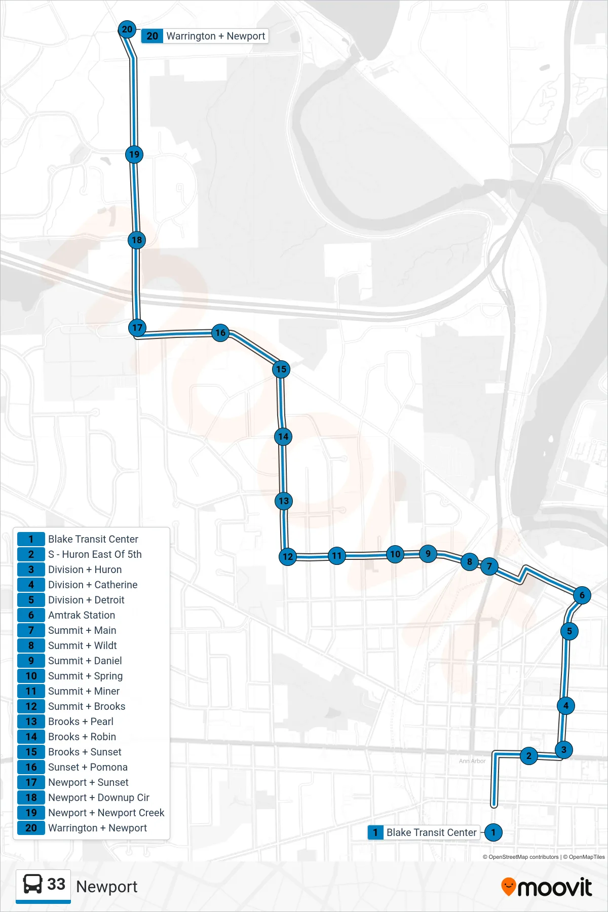 33 bus Line (Warrington + Newport) route and stops on a map