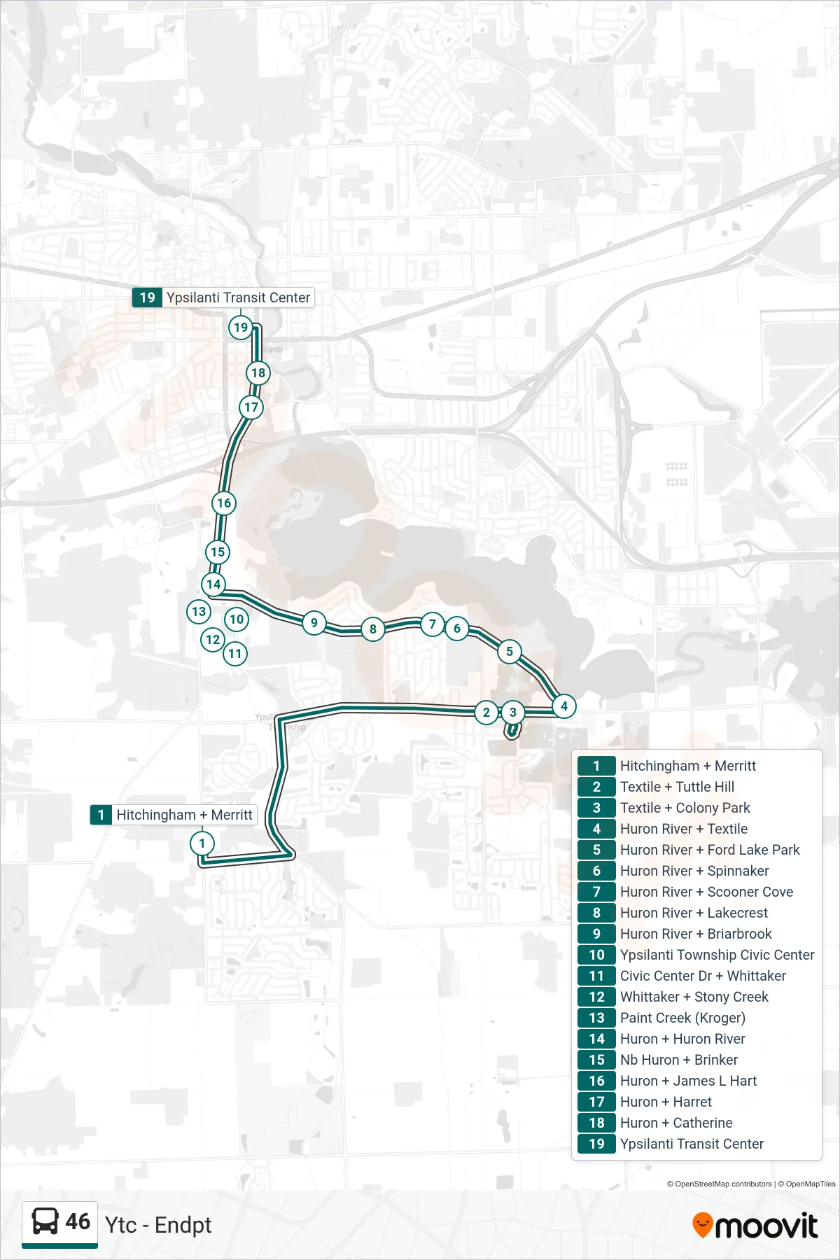 46 bus Line (Ytc - Endpt) route and stops on a map