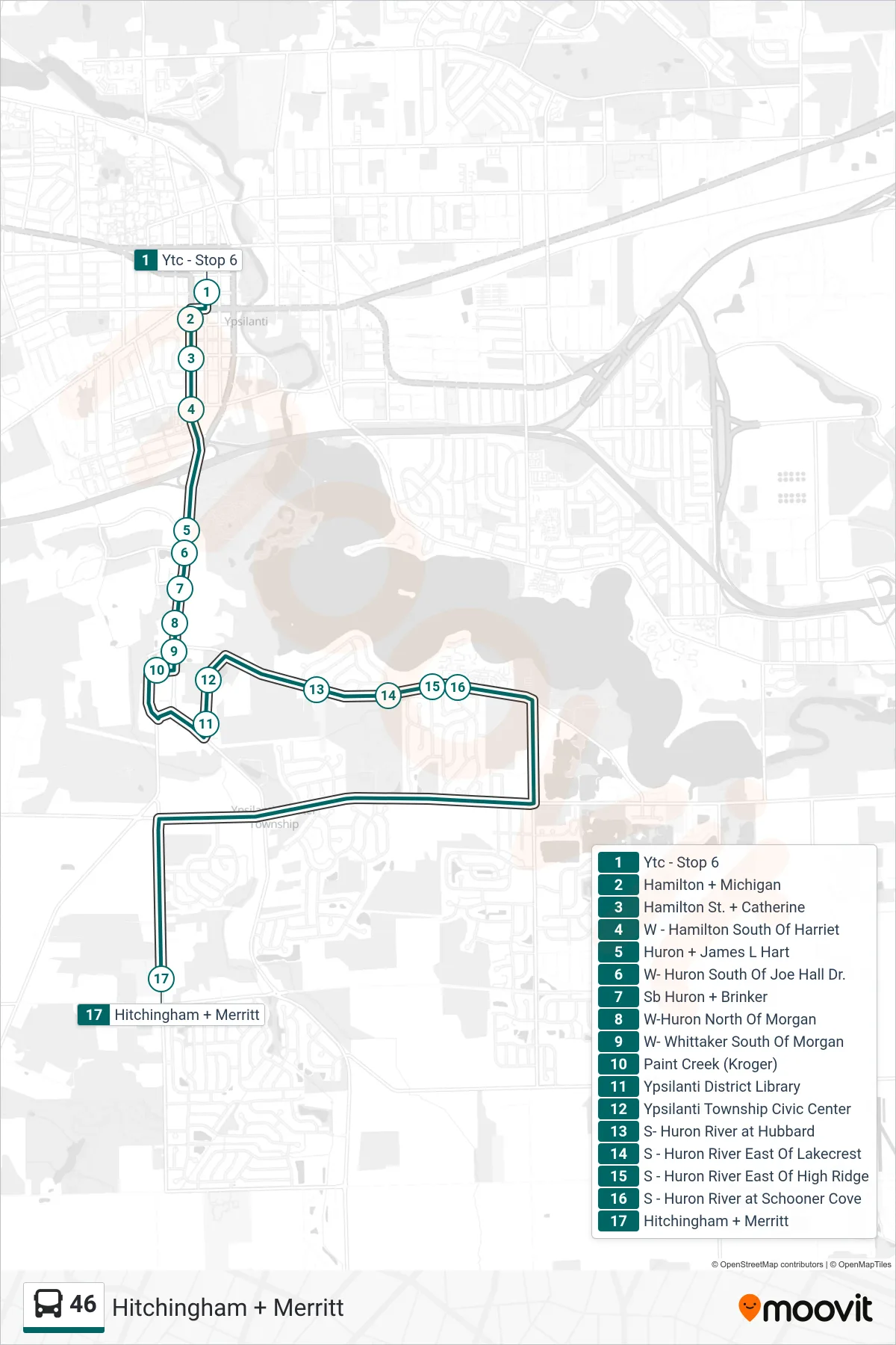 46 bus Line (Hitchingham + Merritt) route and stops on a map