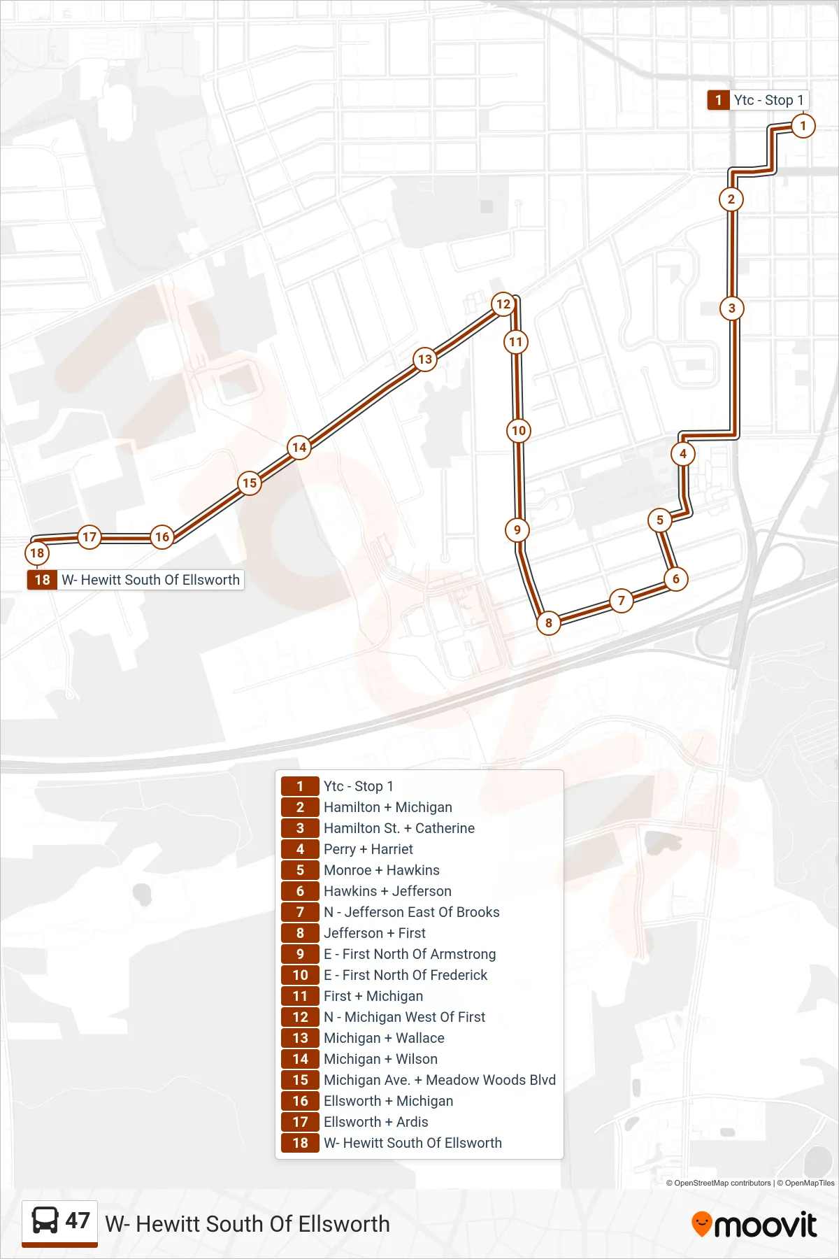 47 bus Line (W- Hewitt South Of Ellsworth) route and stops on a map