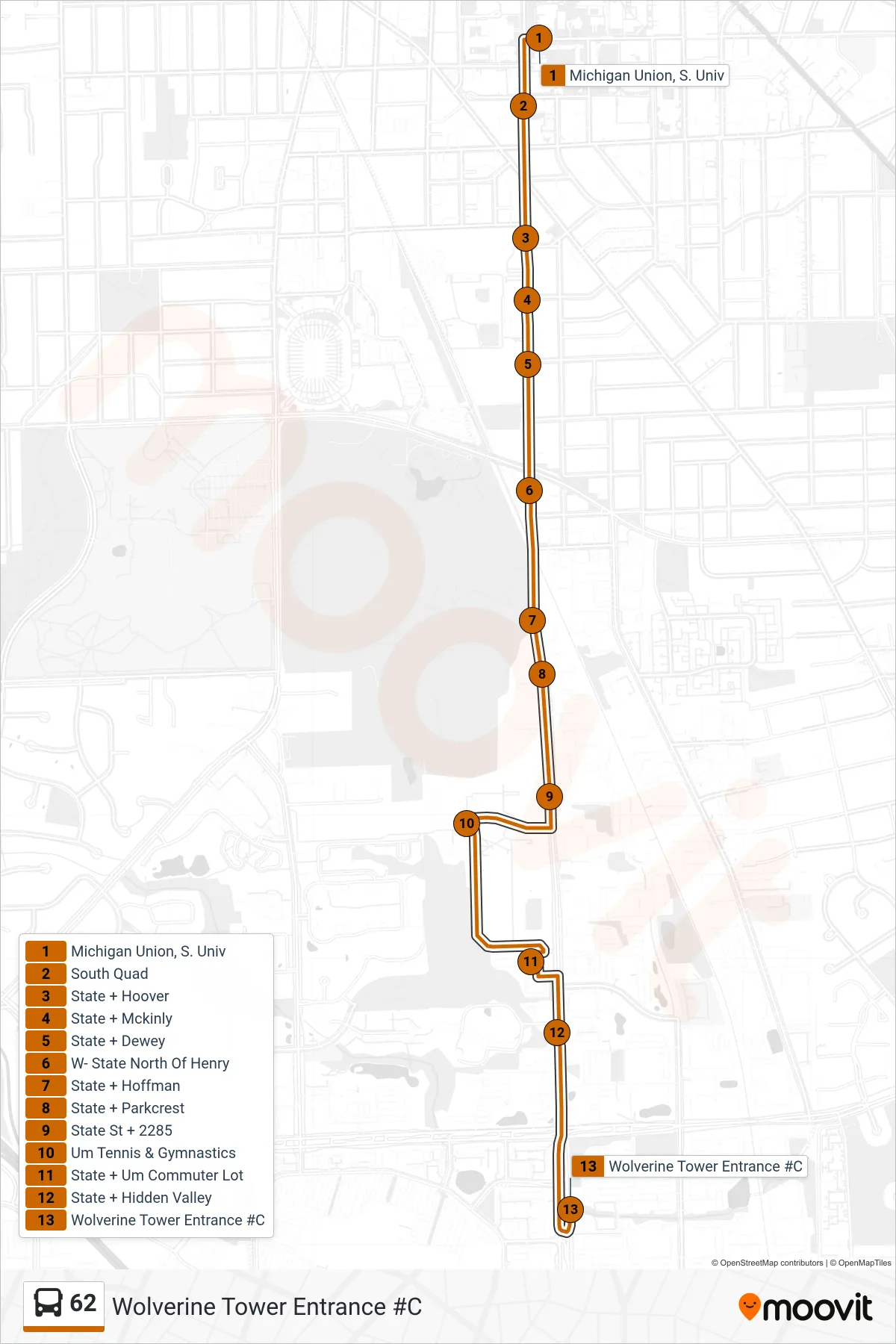 62 bus Line (Wolverine Tower Entrance #C) route and stops on a map