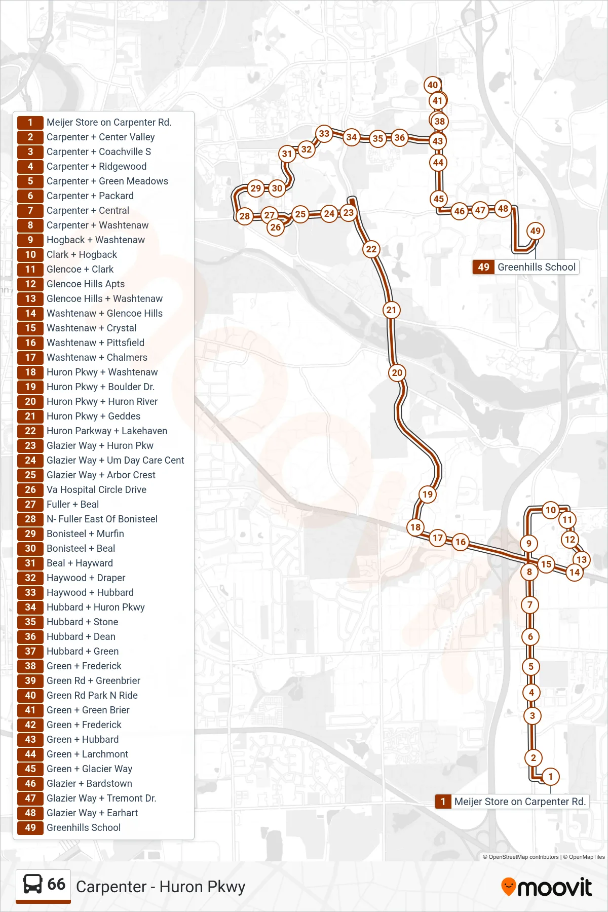 66 bus Line (Greenhills School) route and stops on a map