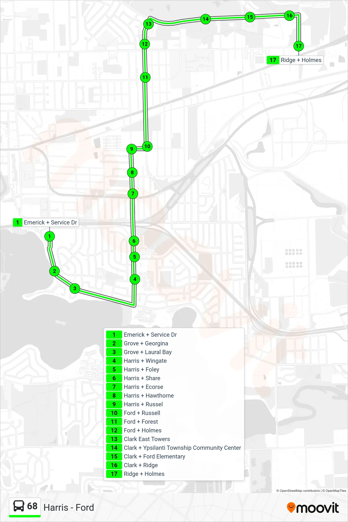 68 bus Line (Ridge + Holmes) route and stops on a map