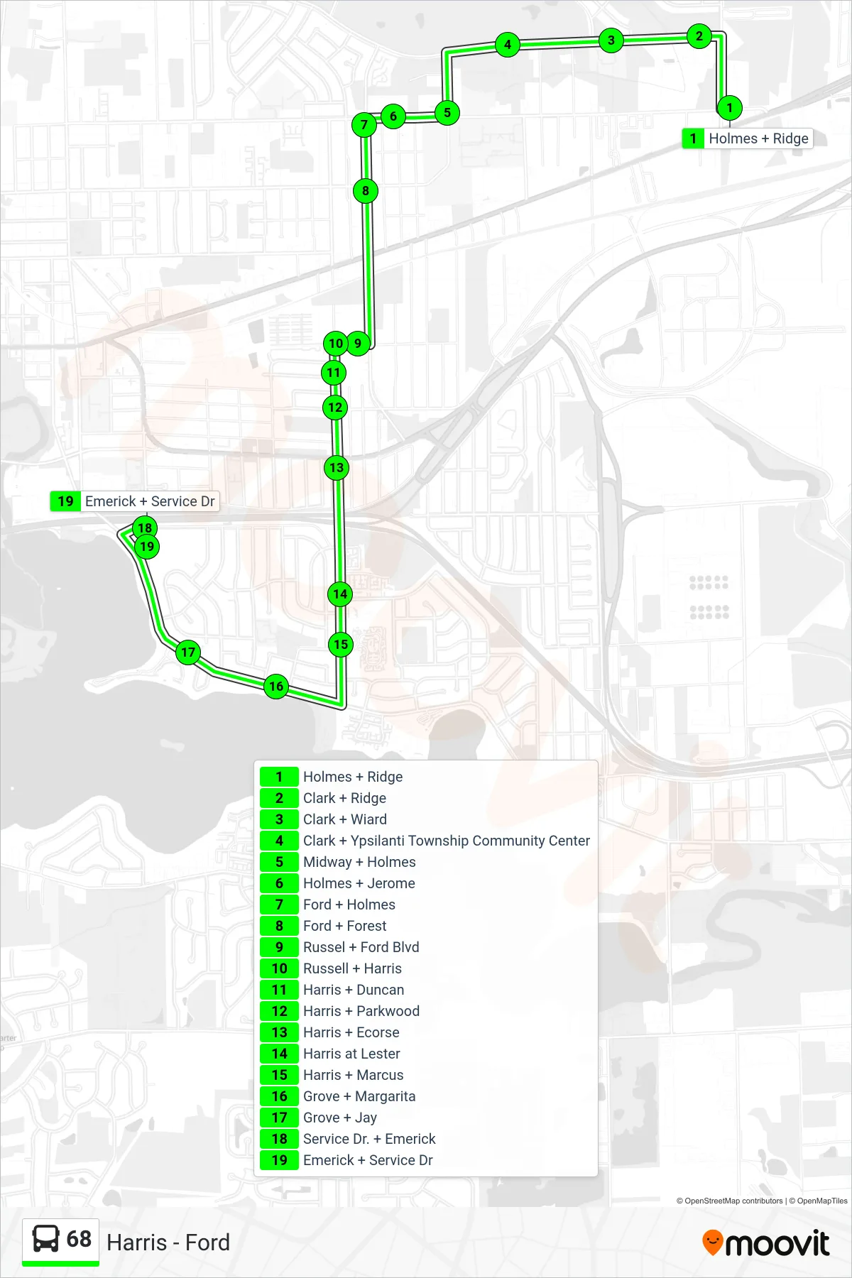 68 bus Line (Emerick + Service Dr) route and stops on a map