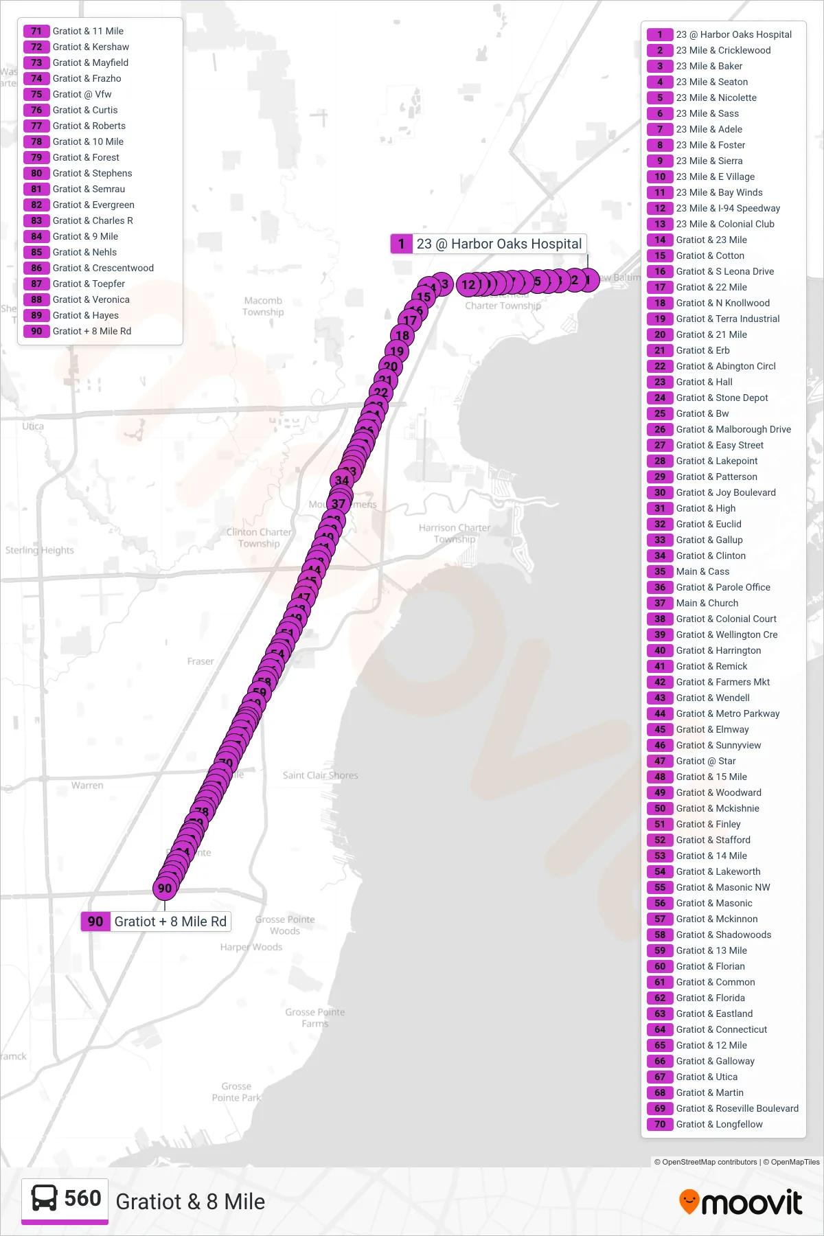 560 bus Line (Gratiot & 8 Mile) route and stops on a map