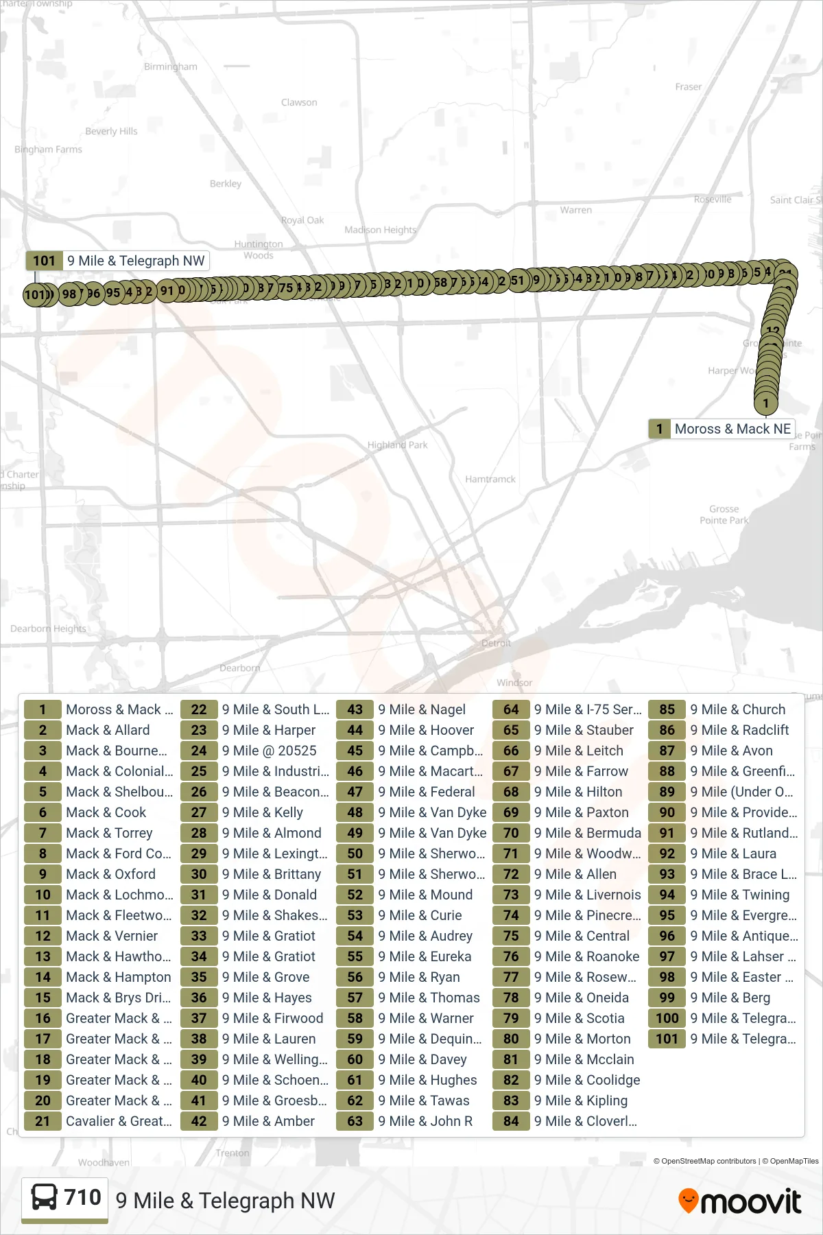 710 bus Line (9 Mile & Telegraph NW) route and stops on a map