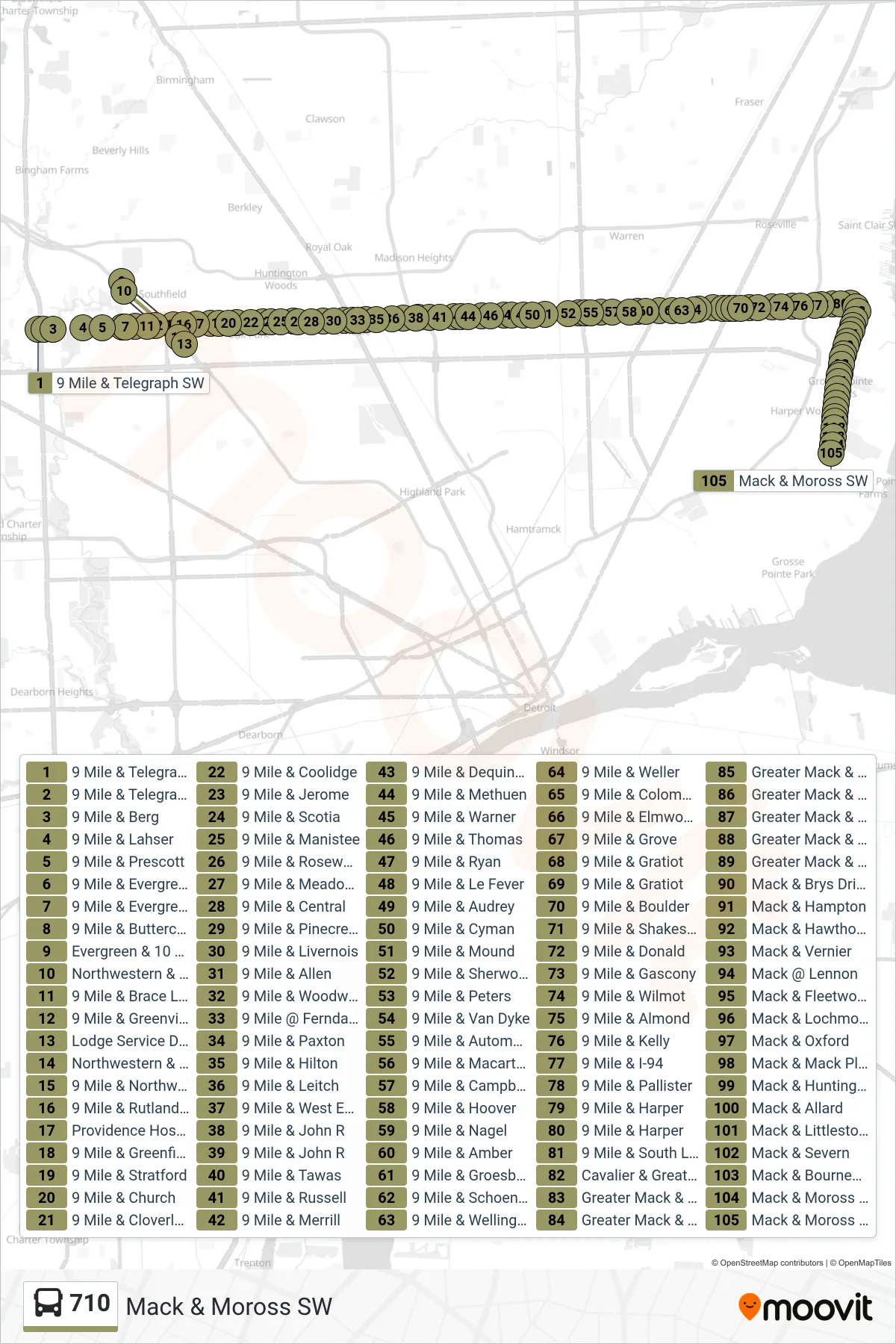 710 bus Line (Mack & Moross SW) route and stops on a map
