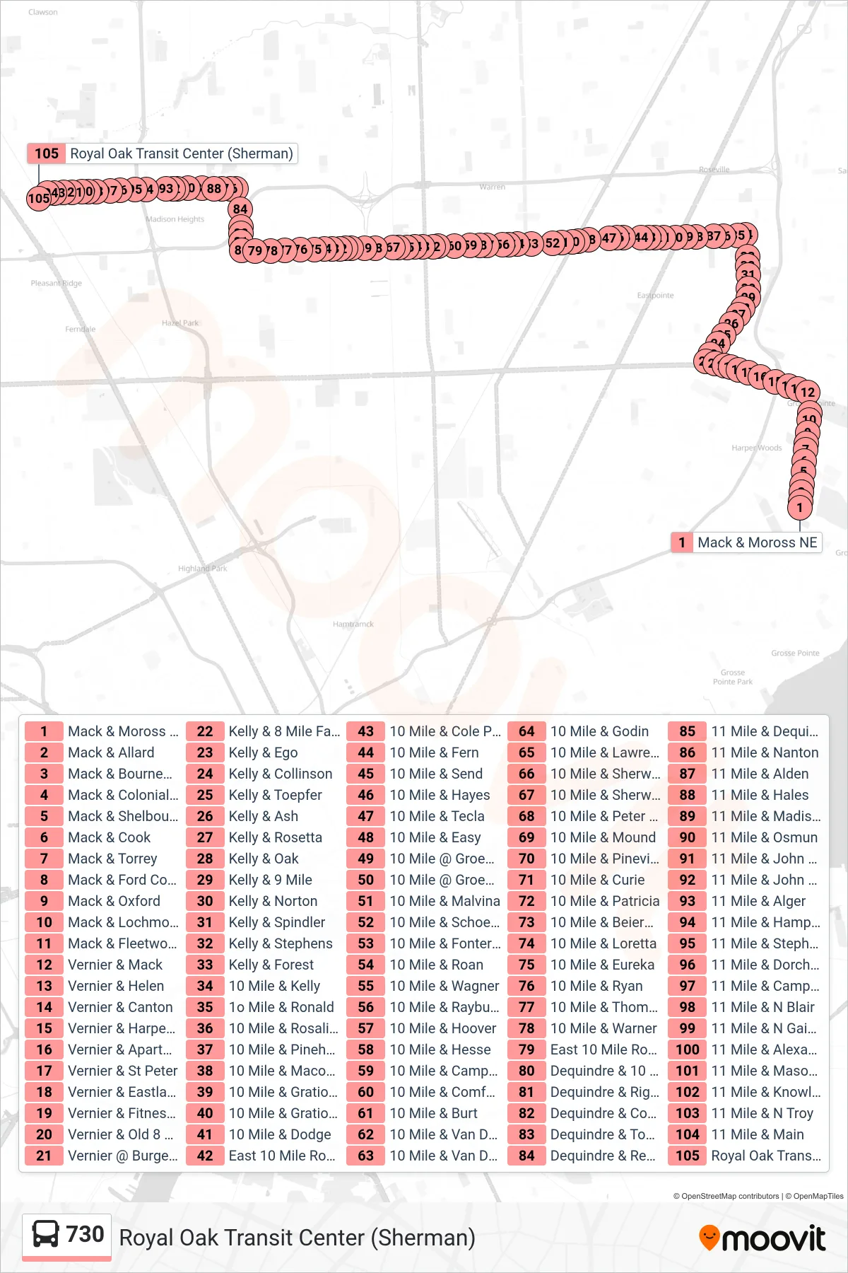 730 bus Line (Royal Oak Transit Center (Sherman)) route and stops on a map