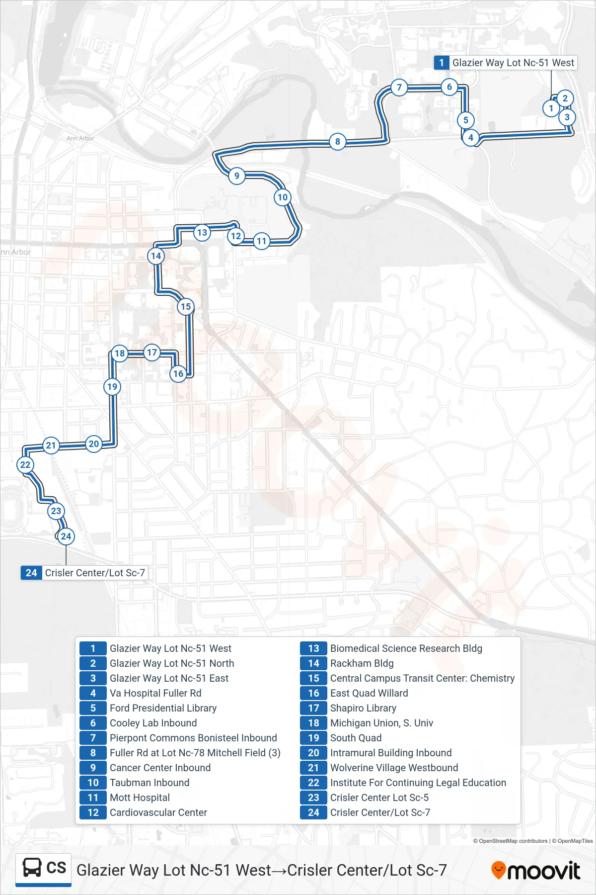 CS bus Line (Glazier Way Lot Nc-51 West→Crisler Center/Lot Sc-7) route and stops on a map