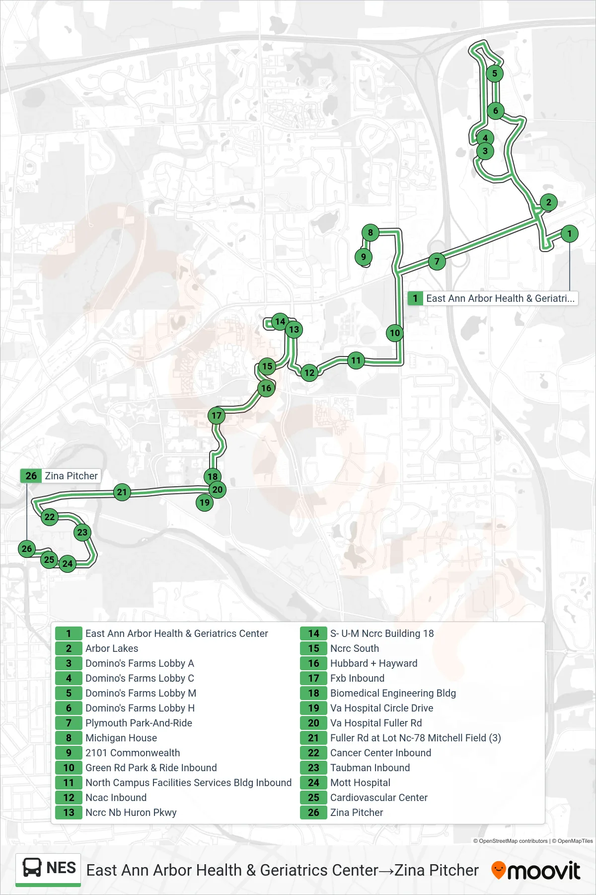 NES bus Line (East Ann Arbor Health & Geriatrics Center‎→Zina Pitcher) route and stops on a map