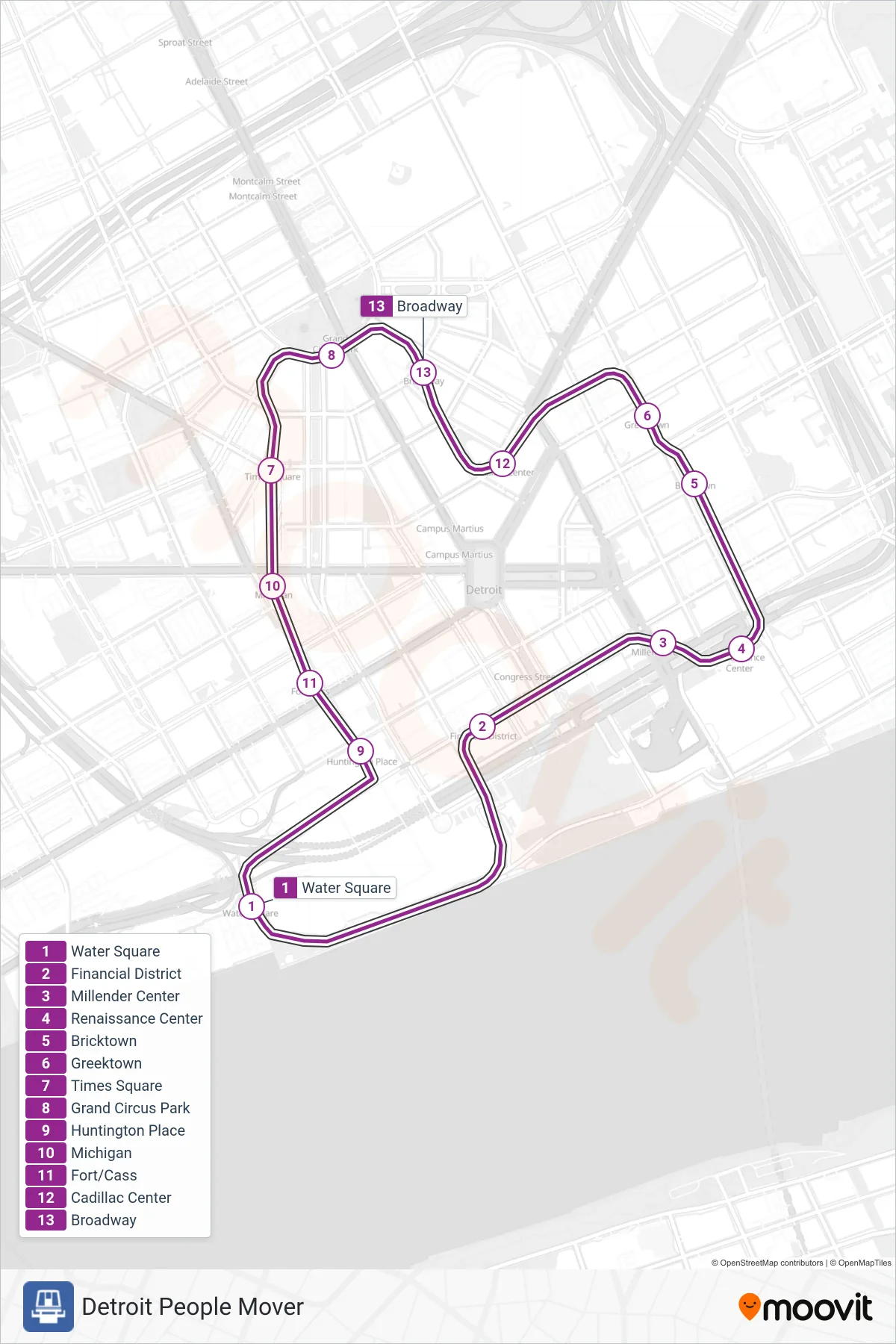 DPM tram Line (Detroit People Mover) route and stops on a map