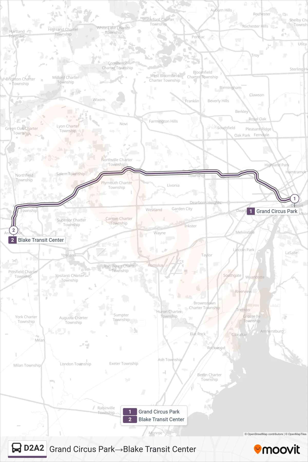 D2A2 bus Line (Grand Circus Park‎→Blake Transit Center) route and stops on a map