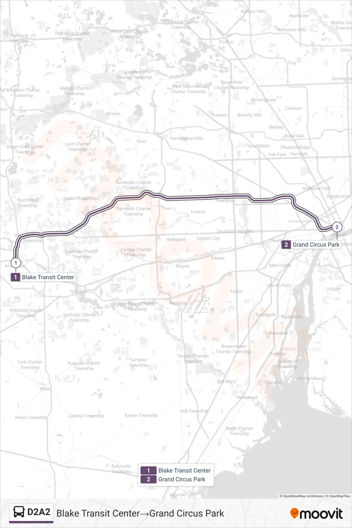D2A2 bus Line (Blake Transit Center‎→Grand Circus Park) route and stops on a map