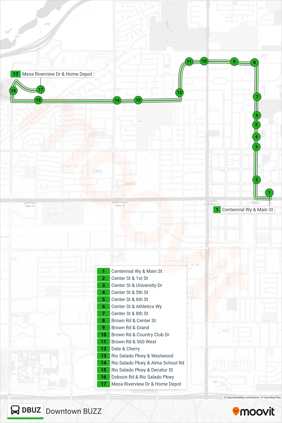 DBUZ bus Line (Mesa Riverview) route and stops on a map